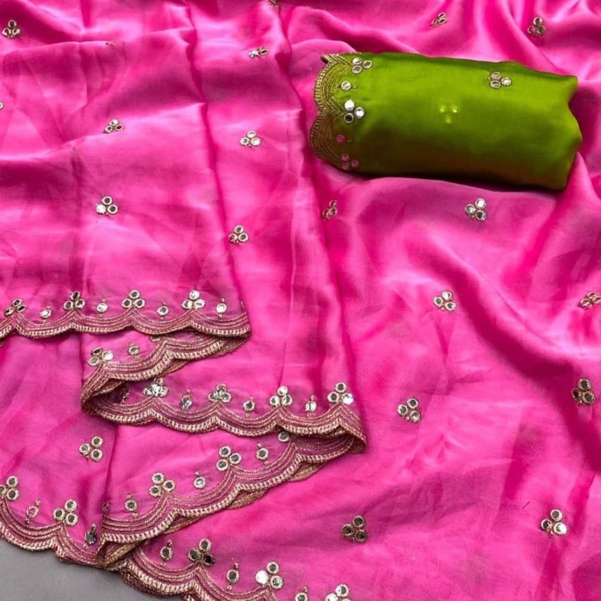 Pink Mirror Embroidery Work Georgette Saree