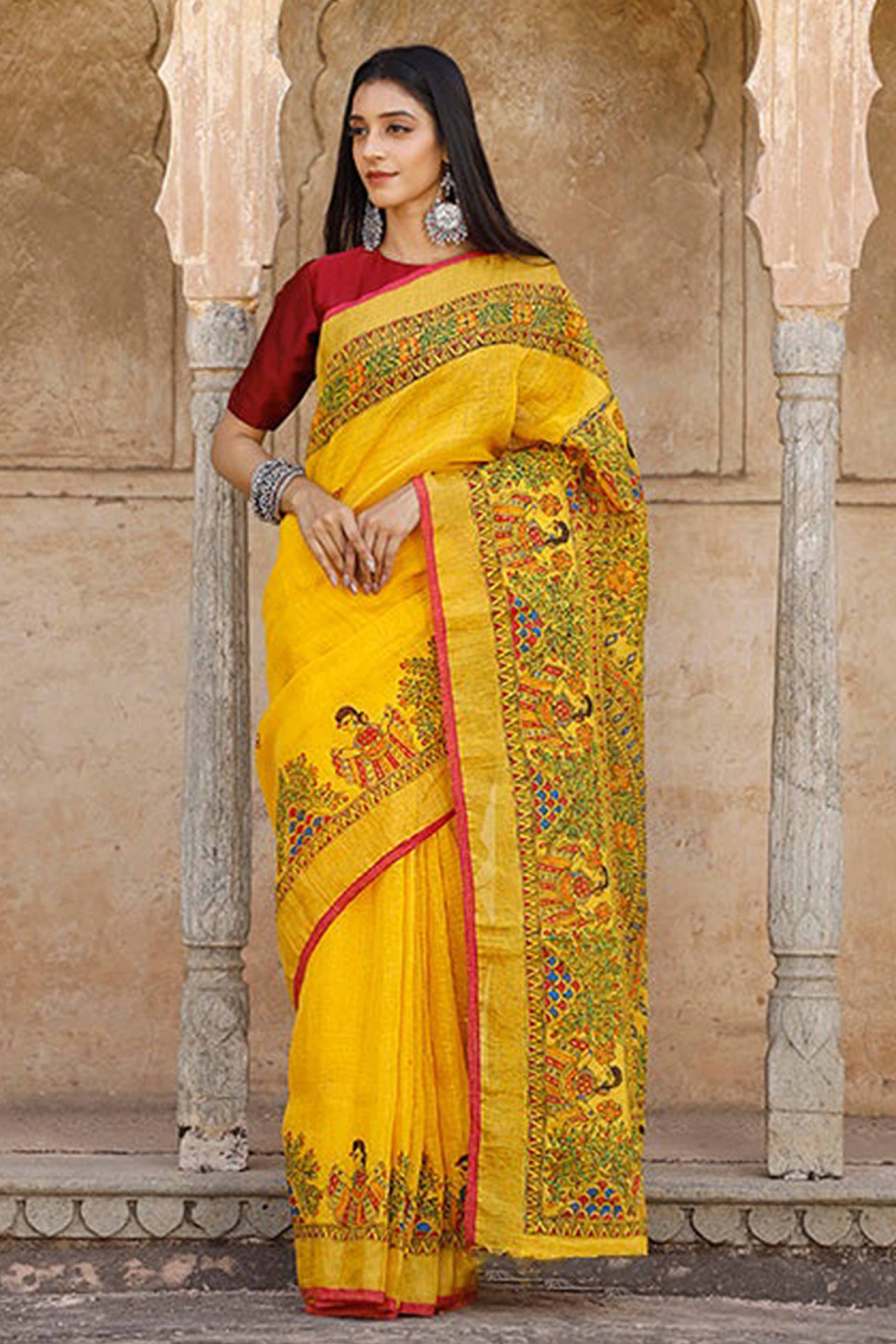 Yellow Kalamkari Printed Linen Saree