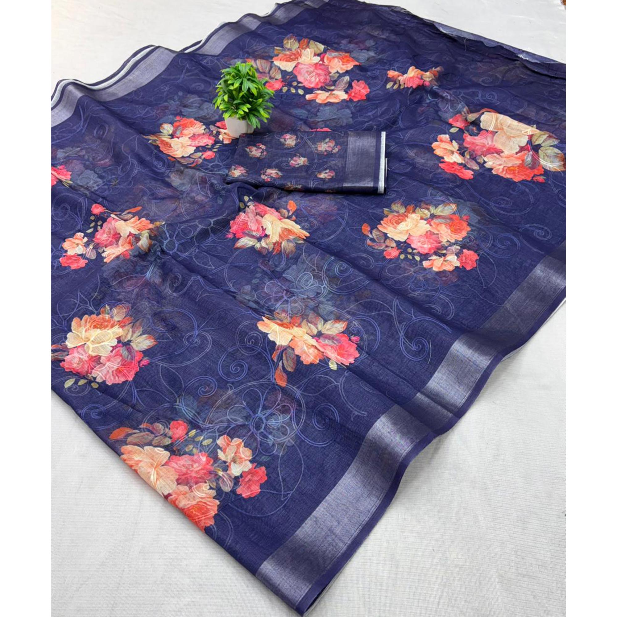 Blue Floral Printed Linen Cotton Saree with Subtle Texture and Thread Work Highlights