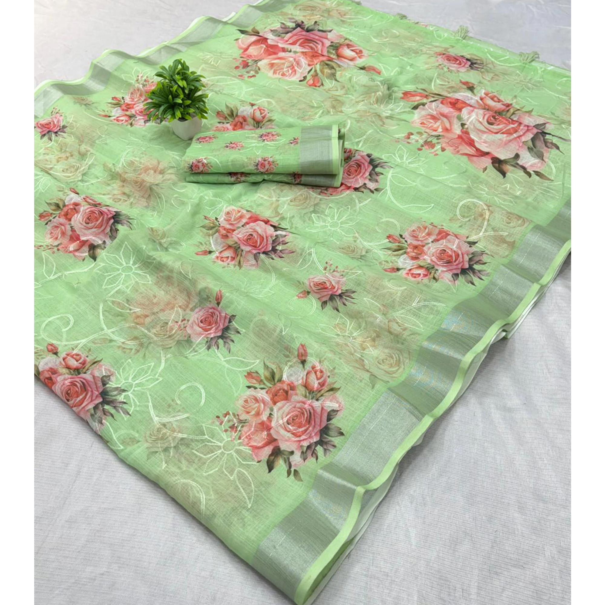 Green Floral Printed Linen Cotton Saree with Subtle Texture and Thread Work Highlights