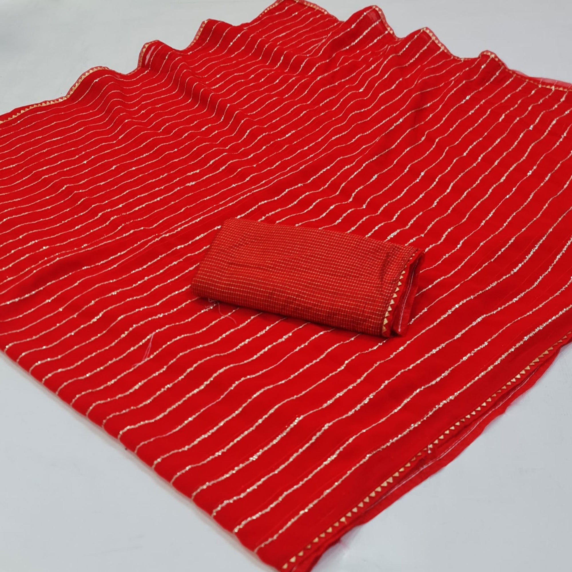 Red Striped Woven Georgette Saree