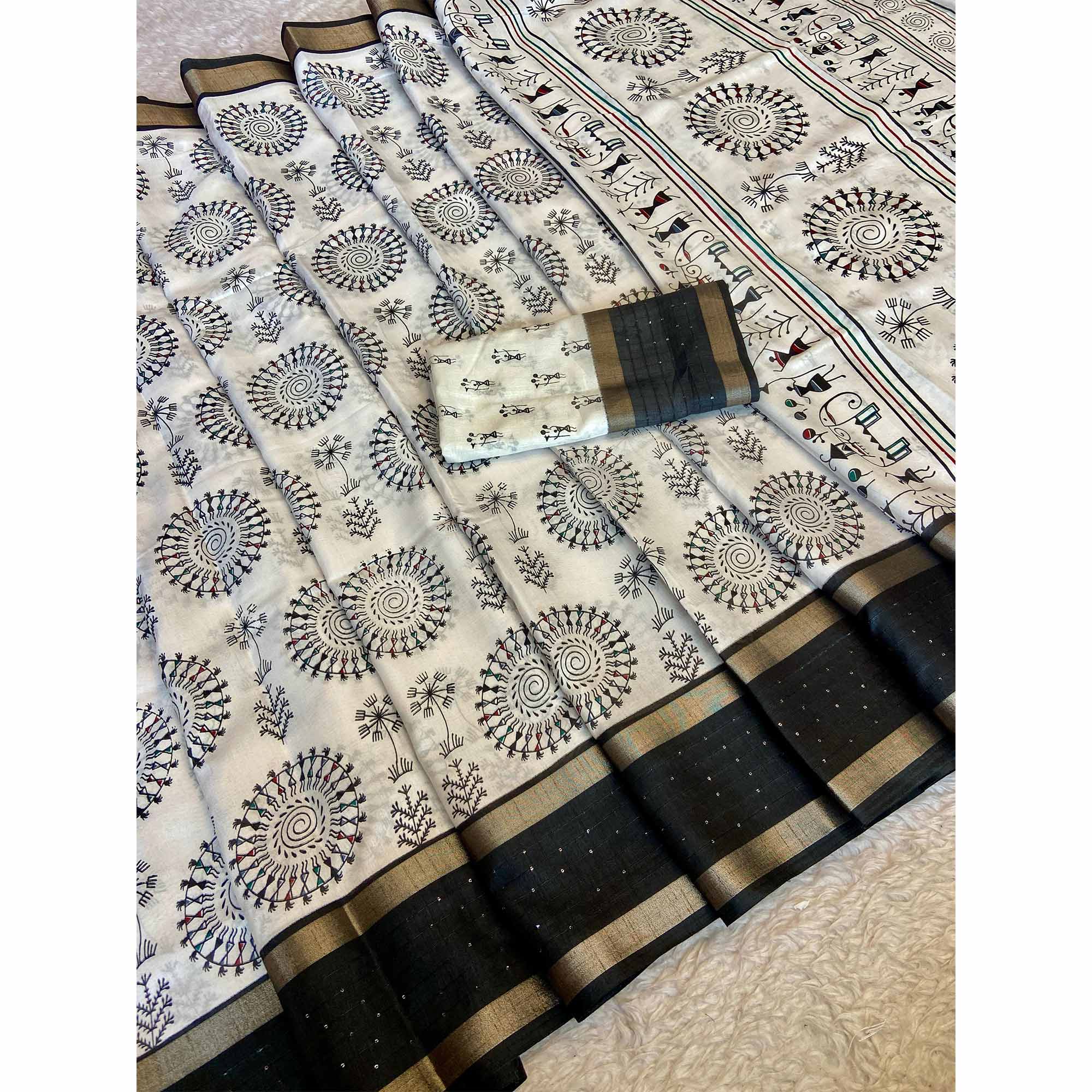 Cream Traditional Warli Print Dola Silk Saree Accented with Sequins Border