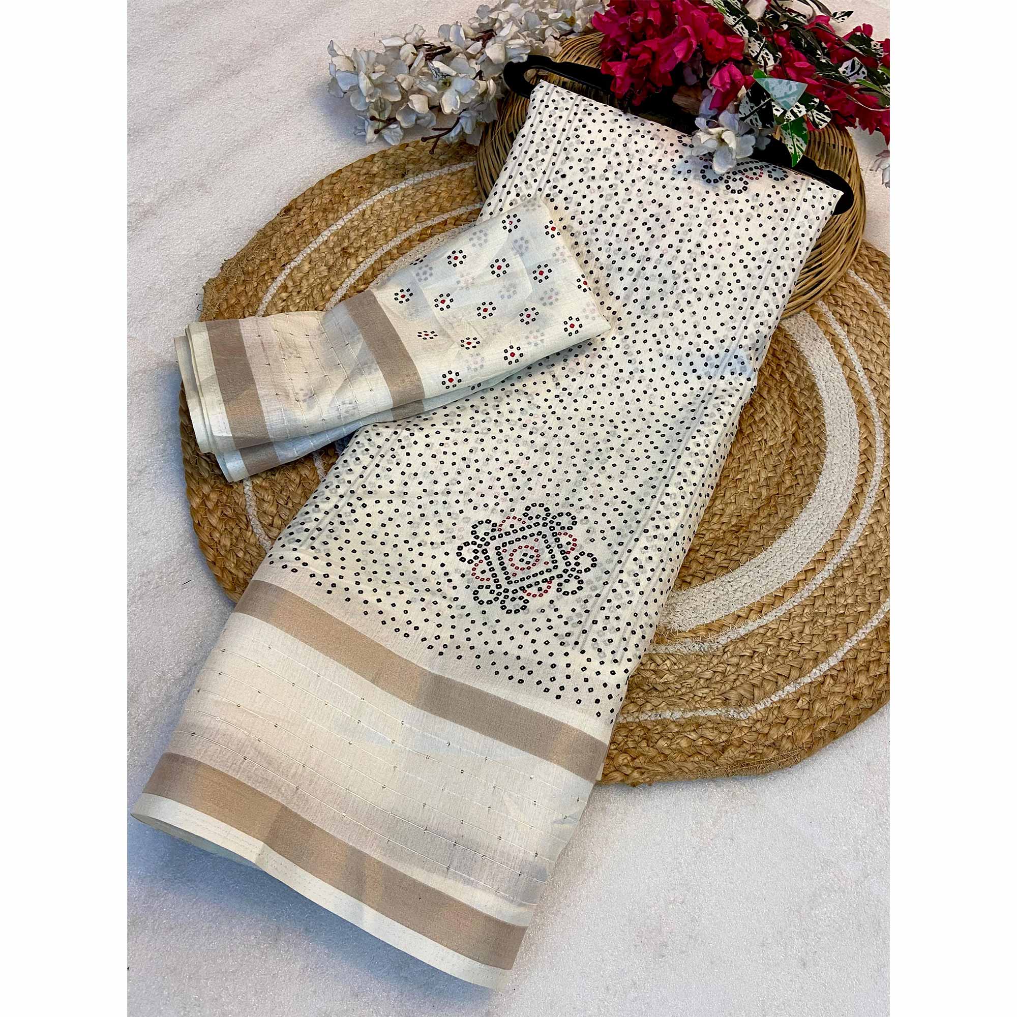 Cream Saree in Dola Silk with Bandhani Print and Shimmering Sequins Edge