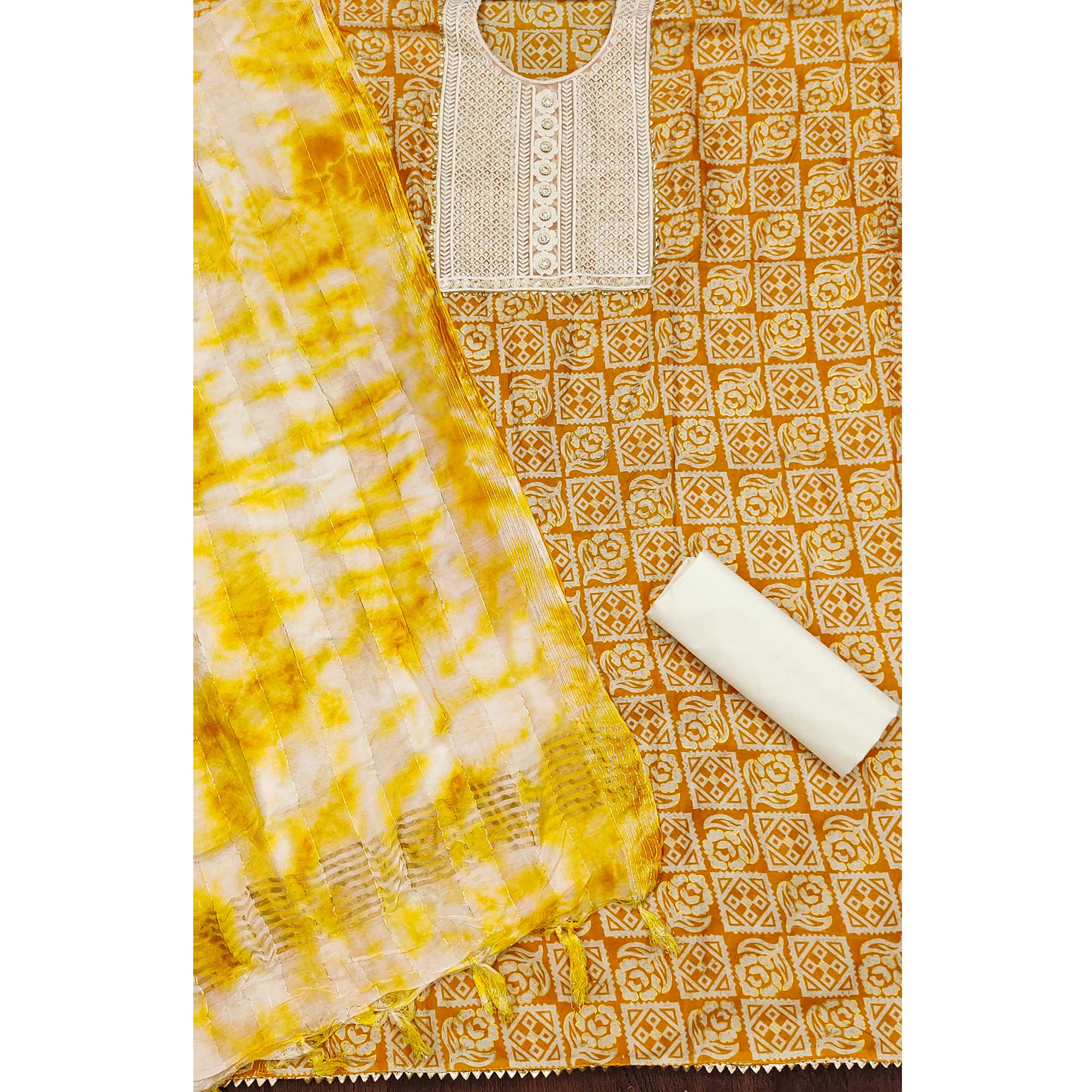 Yellow Printed With Embroidered Pure Cotton Dress Material