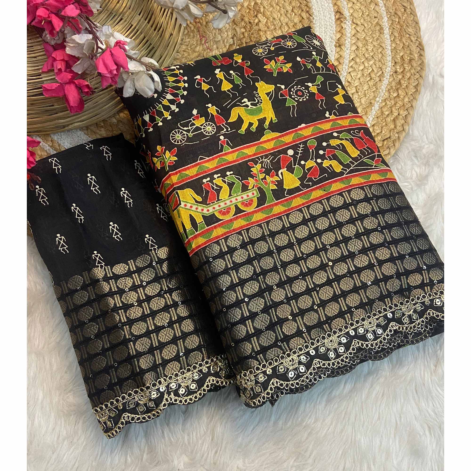 Black Warli Printed Dola Silk Saree With Sequins Border
