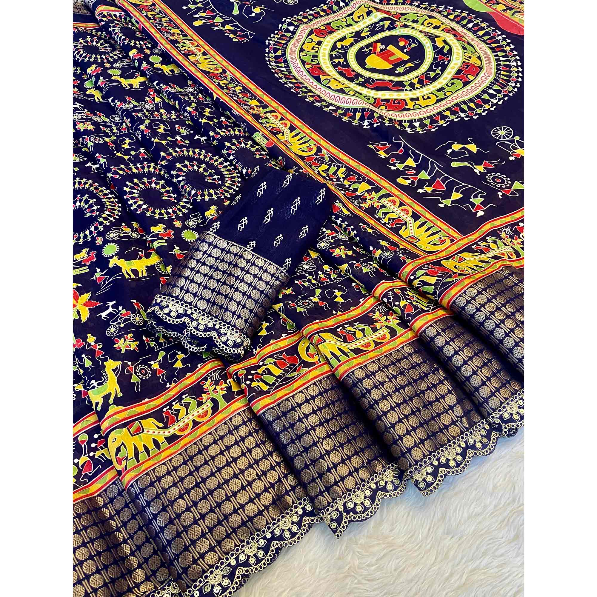 Blue Warli Printed Dola Silk Saree With Sequins Border