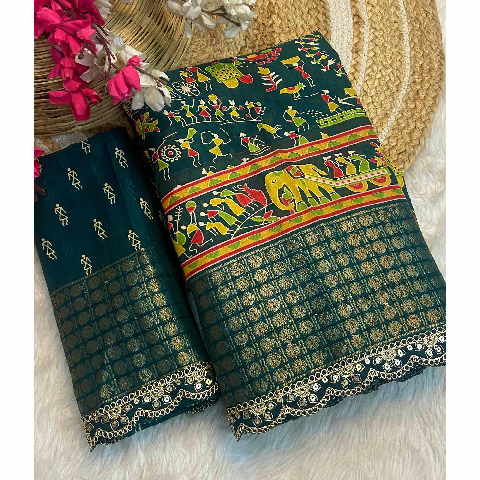Green Warli Printed Dola Silk Saree With Sequins Border