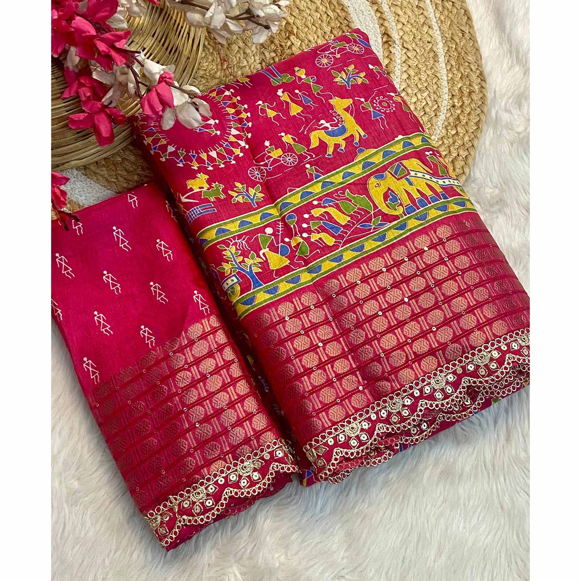 Pink Warli Printed Dola Silk Saree With Sequins Border