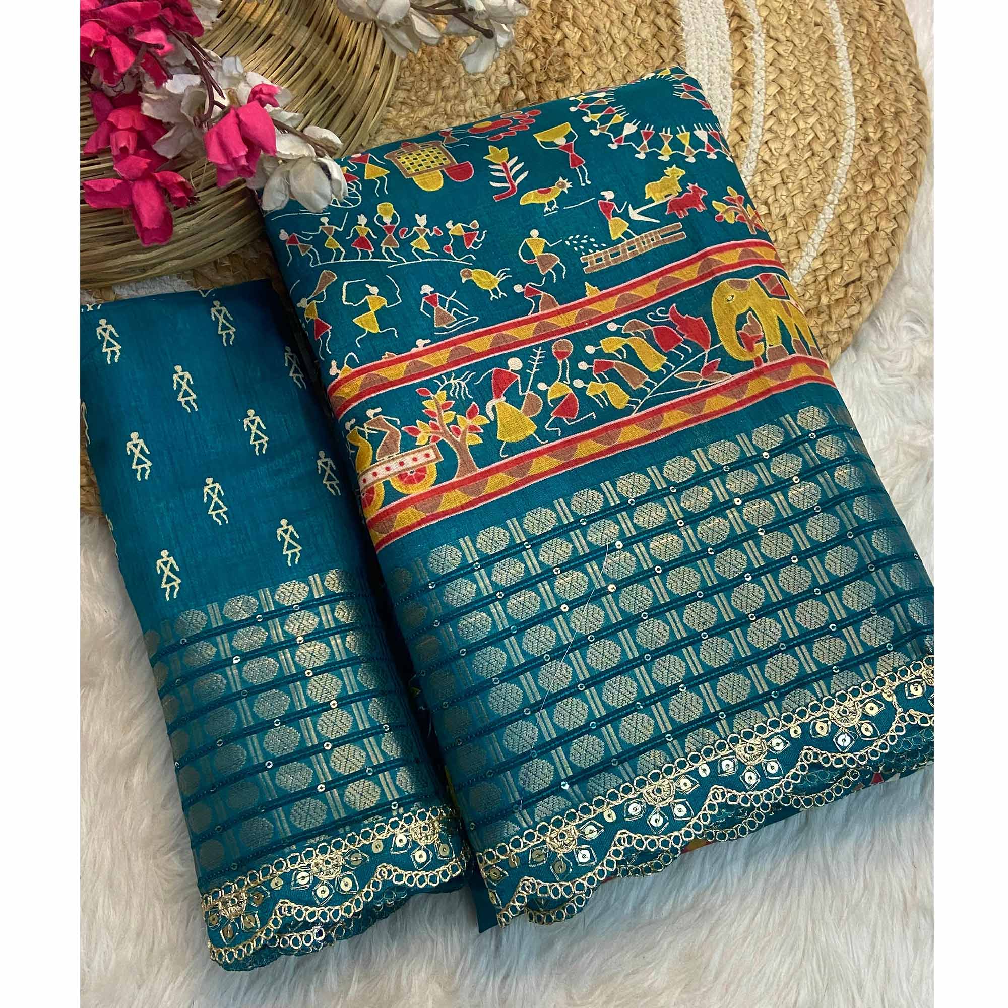 Teal Warli Printed Dola Silk Saree With Sequins Border