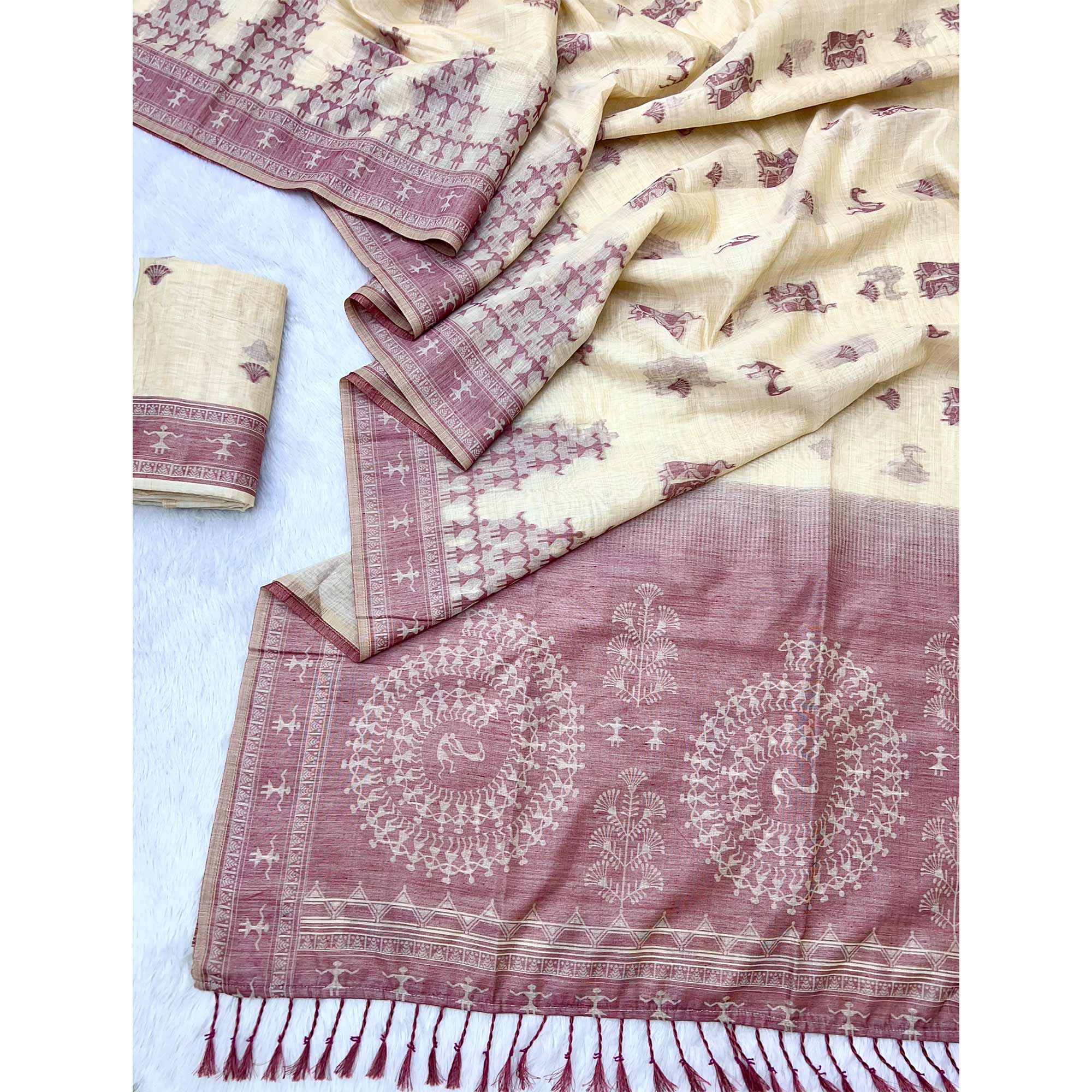 Beige & Wine Meenakari Crafted Soft Muga Cotton Saree Designed for Elegant Festive Styling