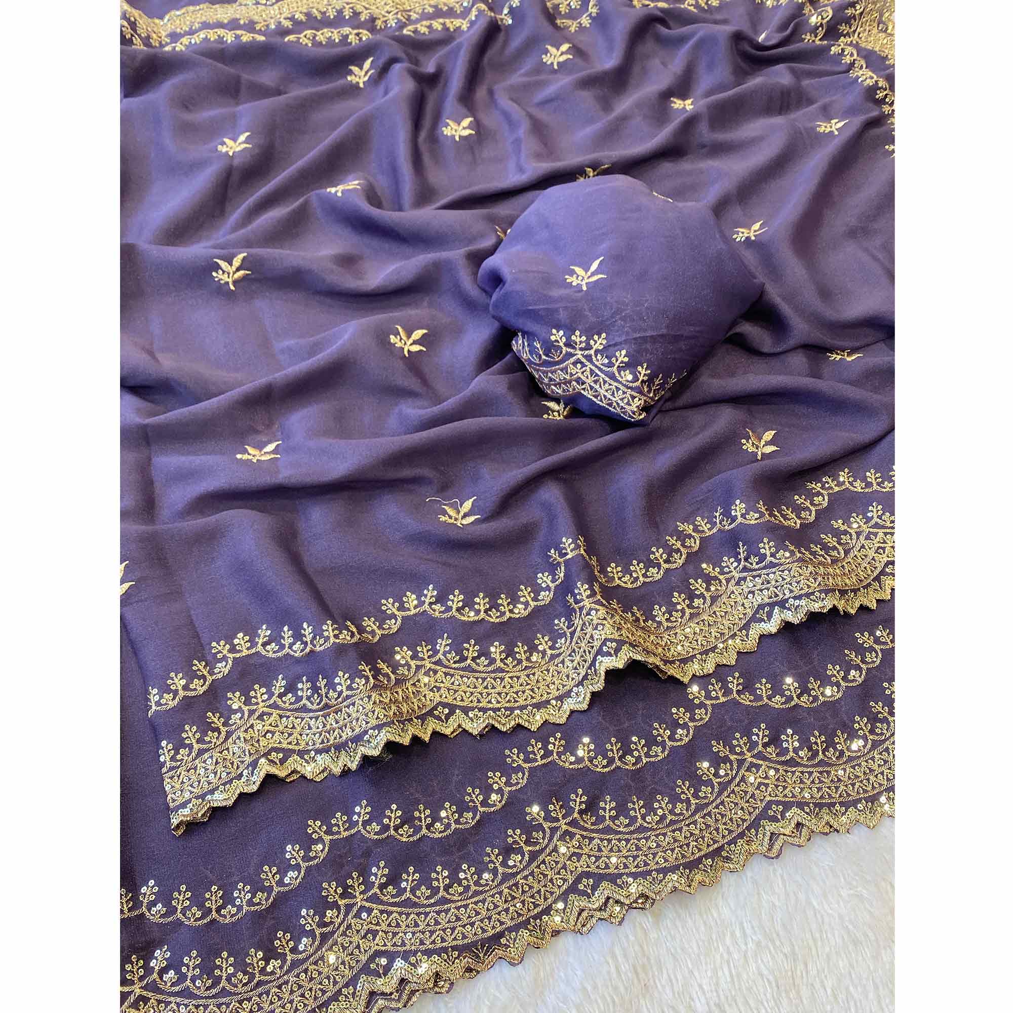 Lavender Embroidered Star Georgette Saree Designed for Stylish Party Wear