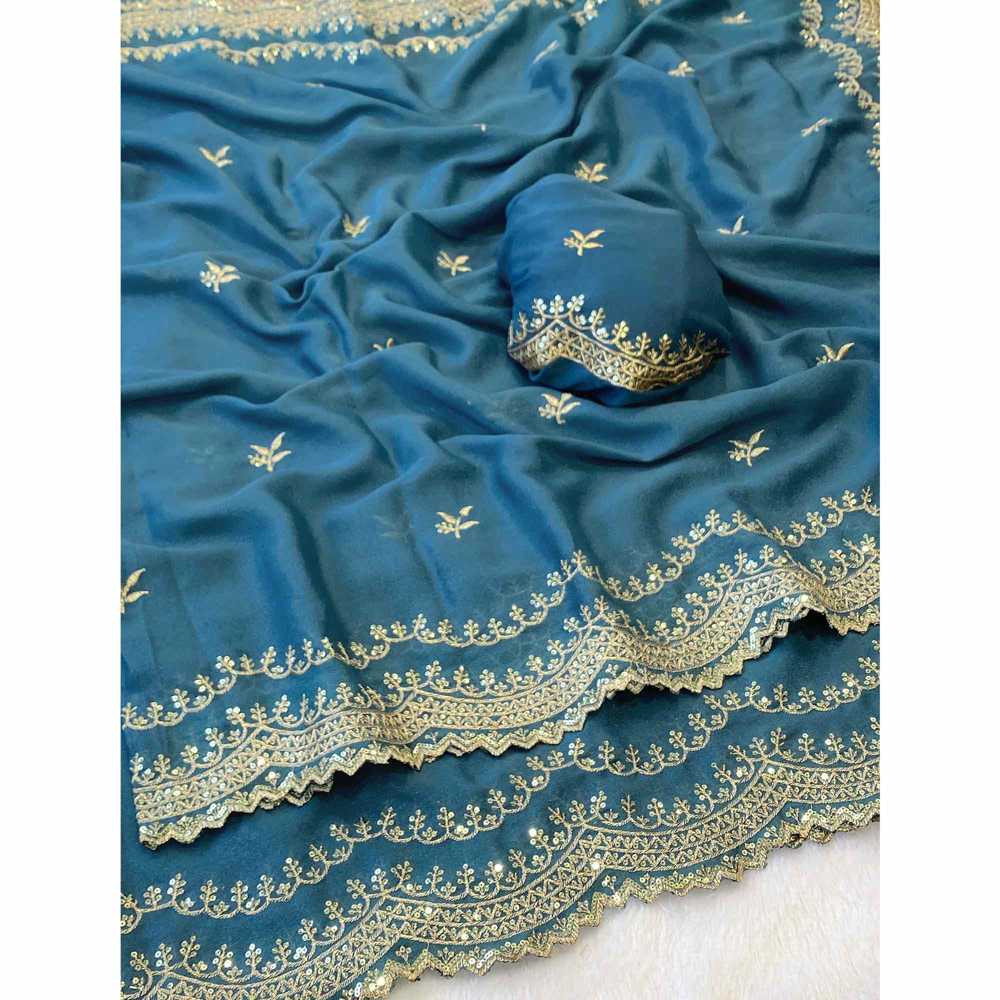 Teal Embroidered Star Georgette Saree Designed for Stylish Party Wear