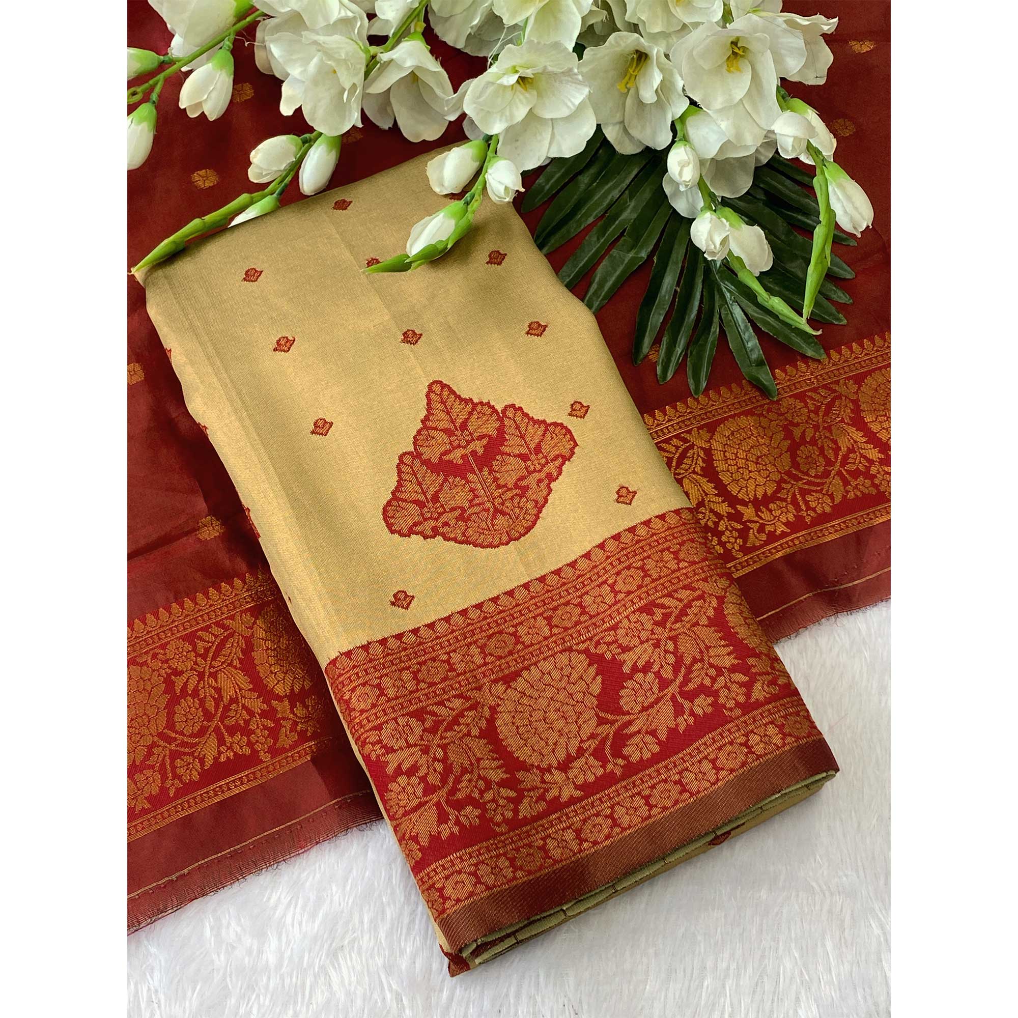 Classic Beige Zari-Woven Banarasi Silk Saree Ideal for Festive & Traditional Events