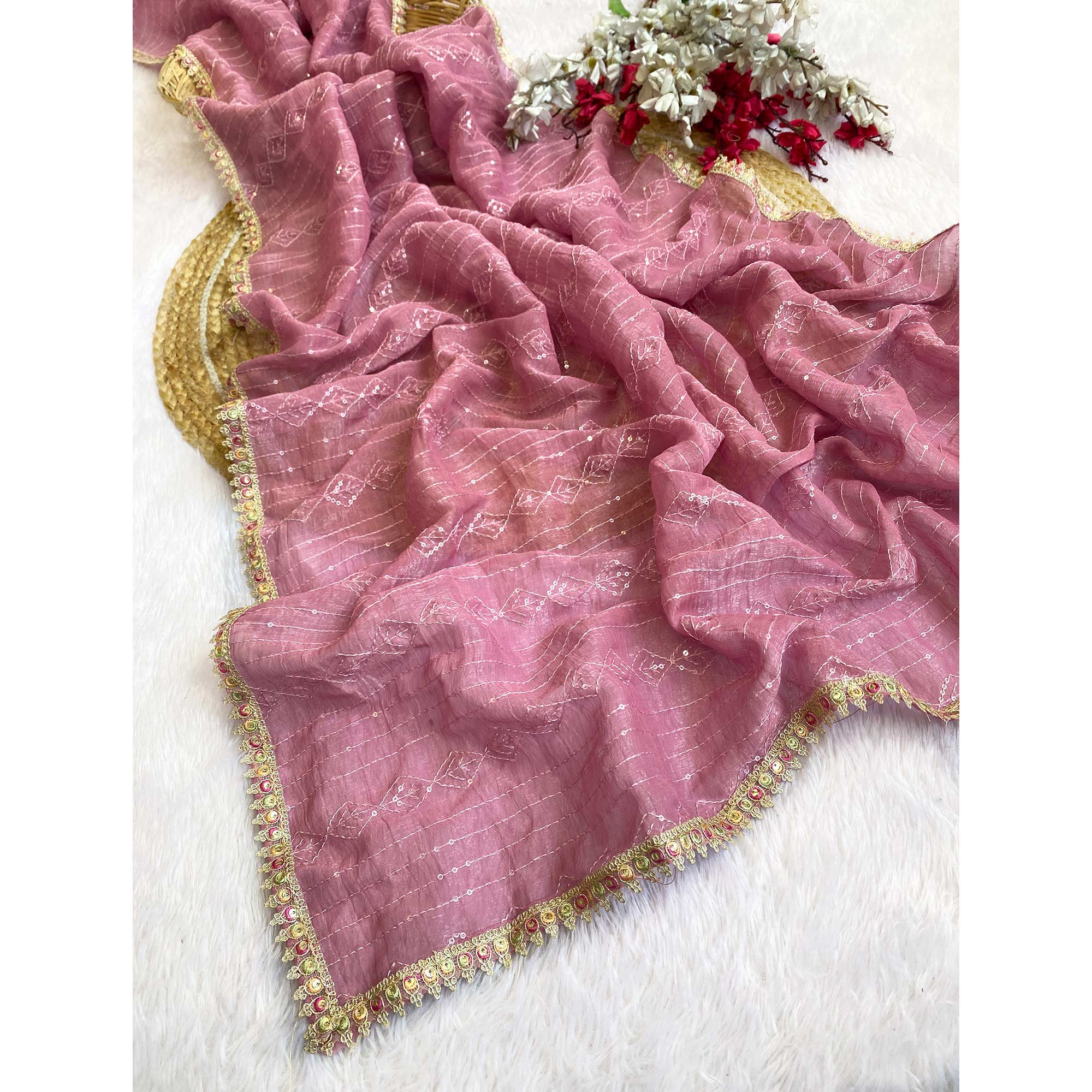 Dusty Pink Embroidered Silk Blend Saree Accented with Sequins