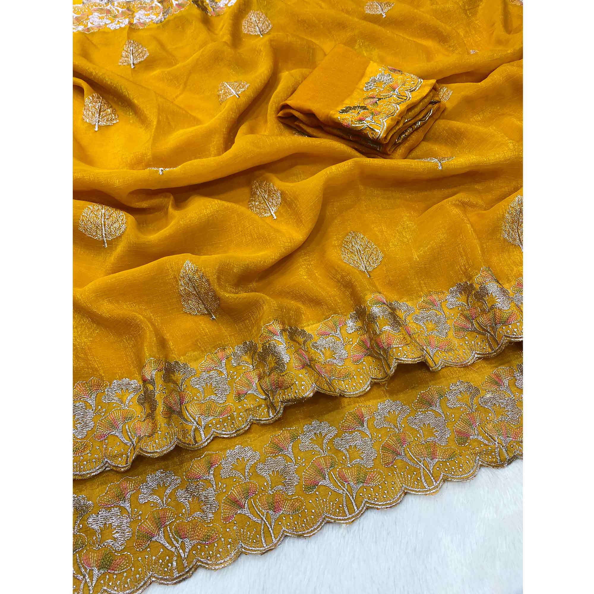 Mustard Embroidered Thread Work Saree in Flowy Chiffon Silk