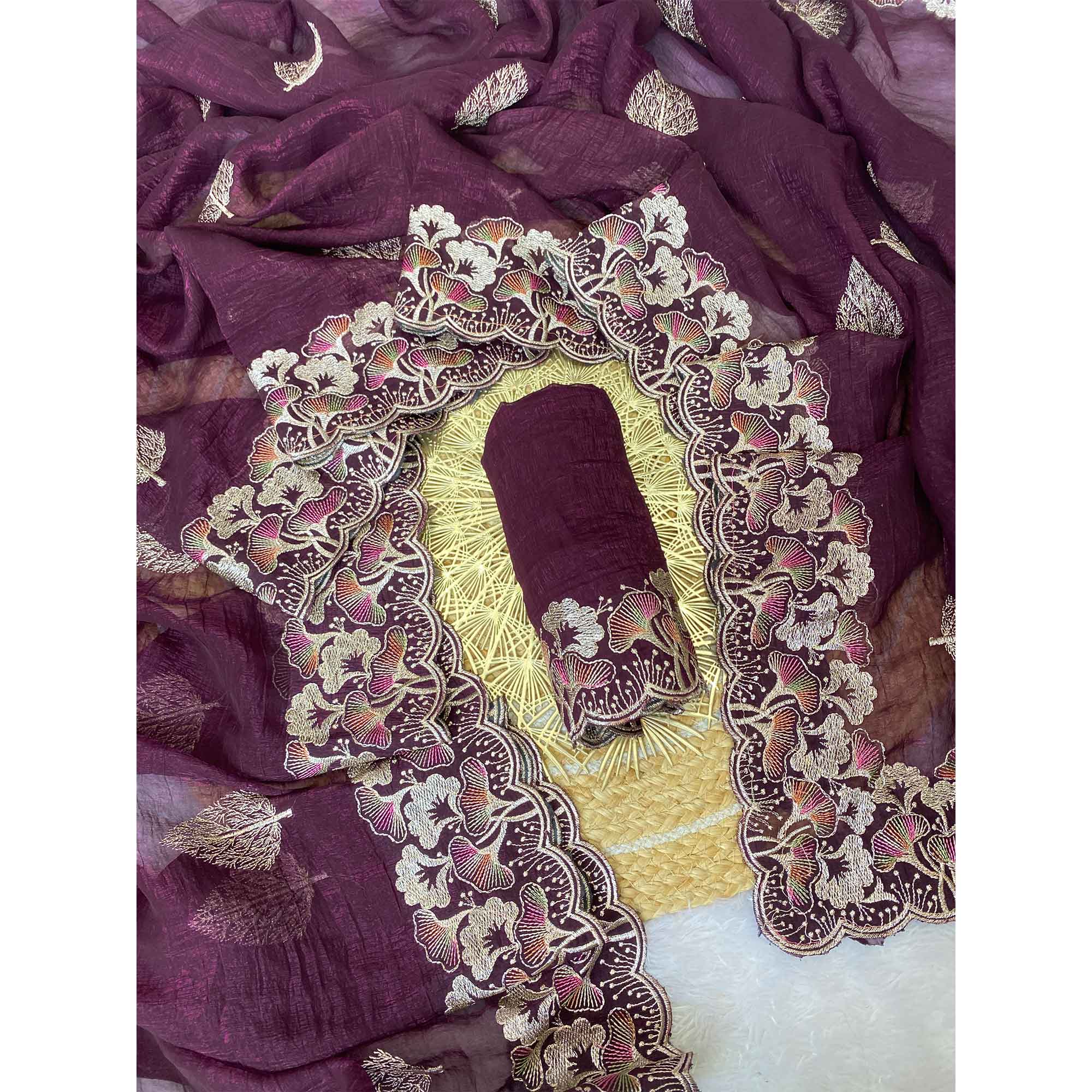 Wine Floral Embroidered Saree in Crunchy Silk Blend