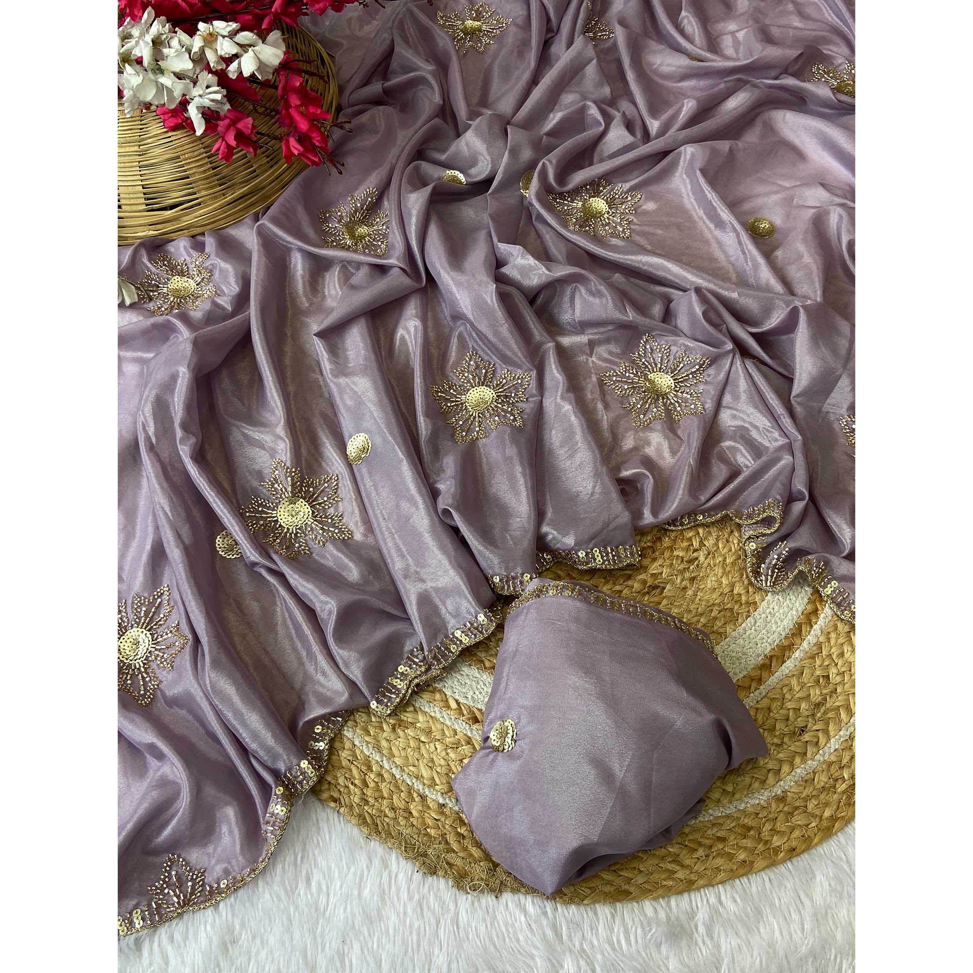 Lavender Partywear Saree in Crepe with Intricate Stone Work