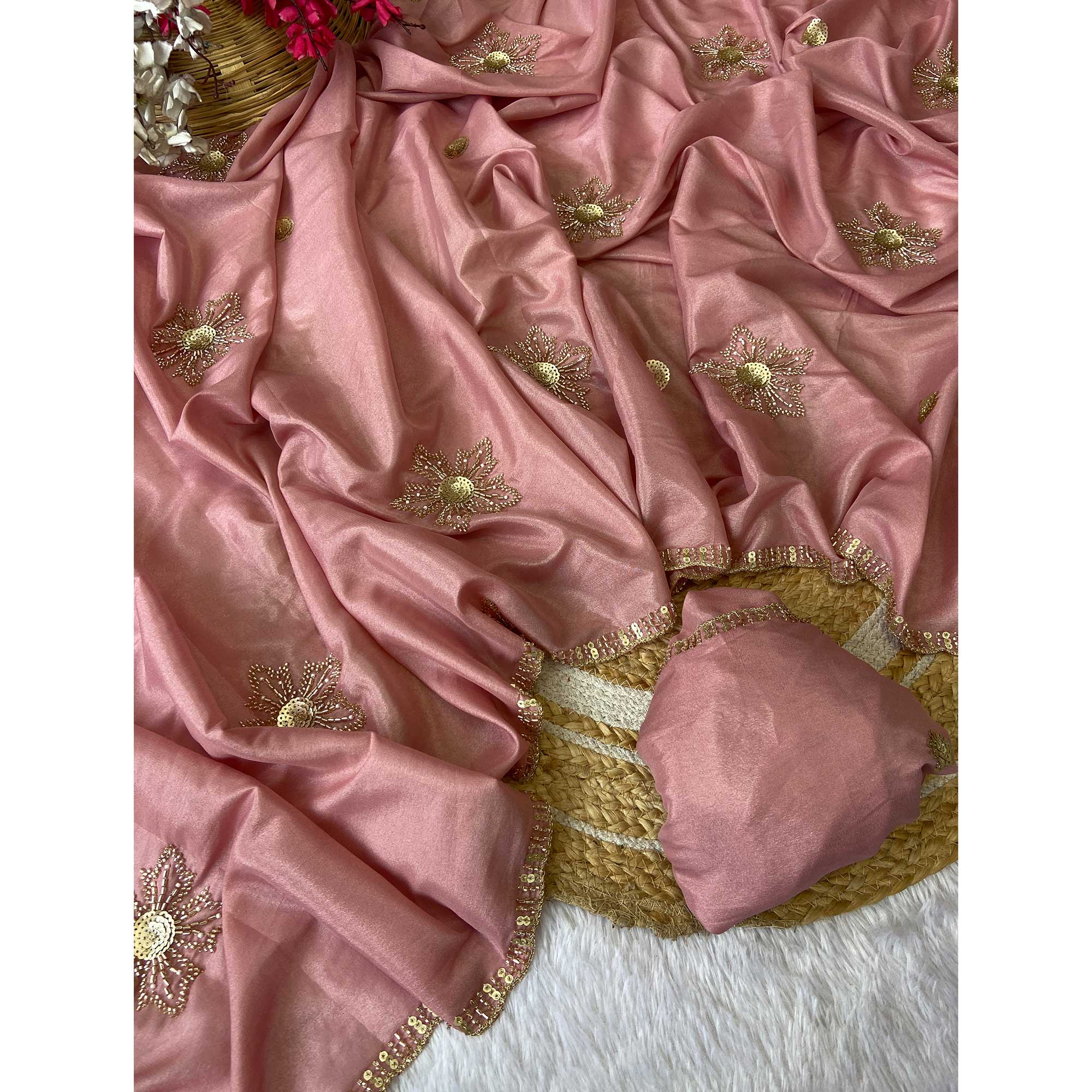 Peach Partywear Saree in Crepe with Intricate Stone Work