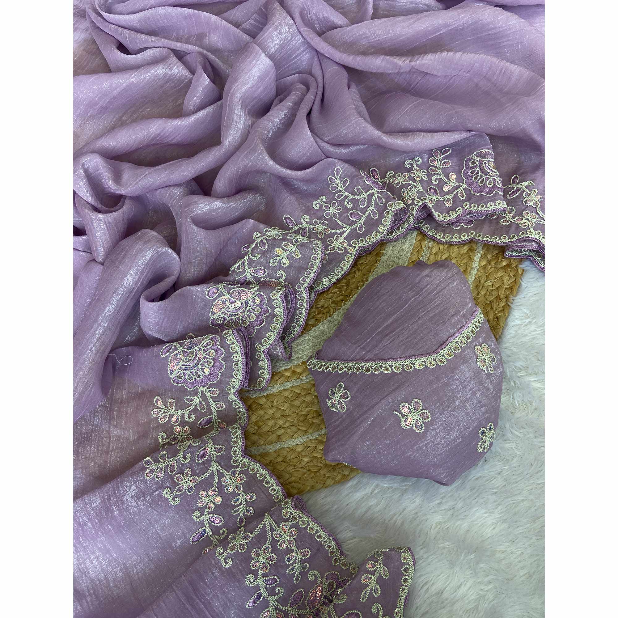 Designer Lavender Crunchy Texture Tissue Saree with Embroidered Highlights