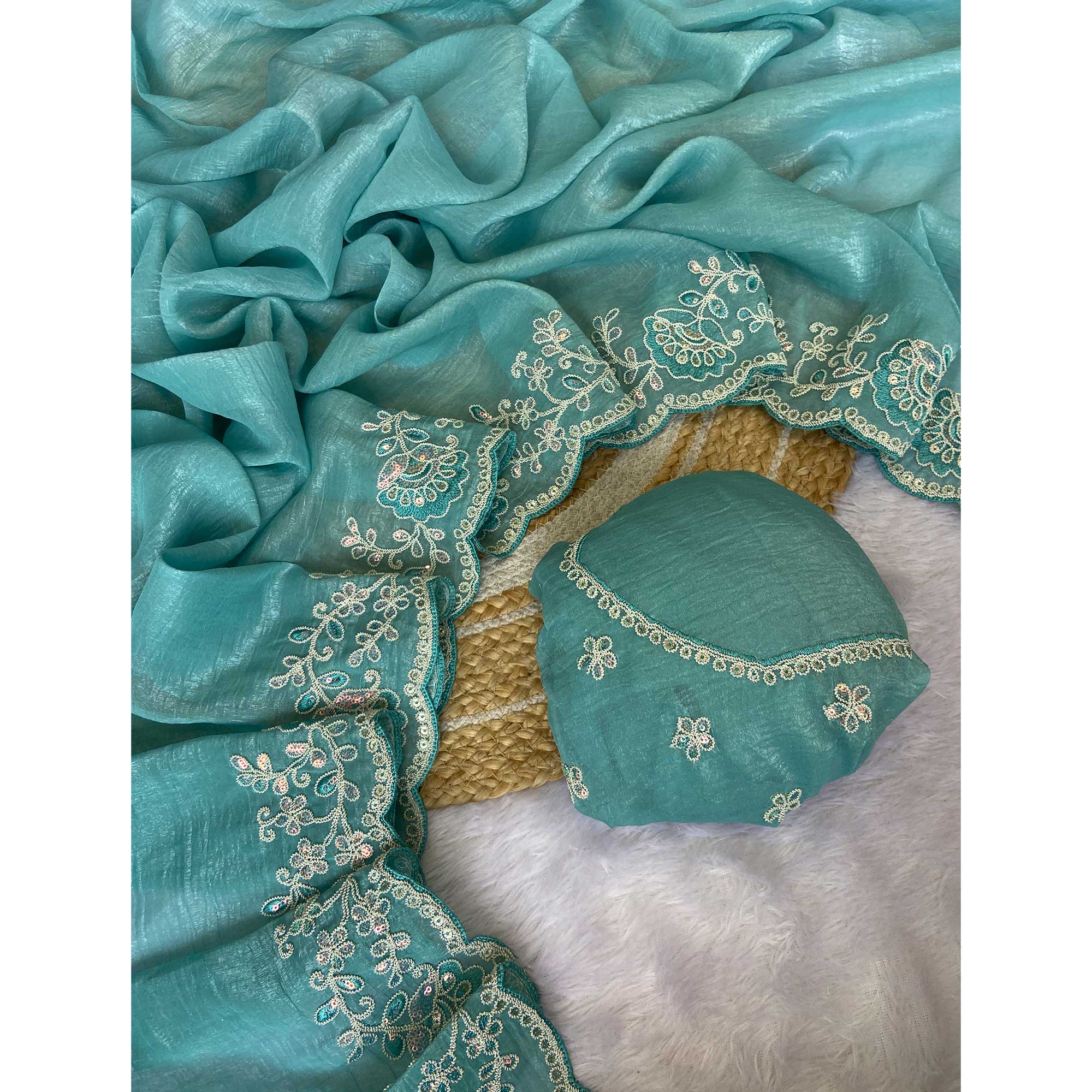 Designer Sea Green Crunchy Texture Tissue Saree with Embroidered Highlights