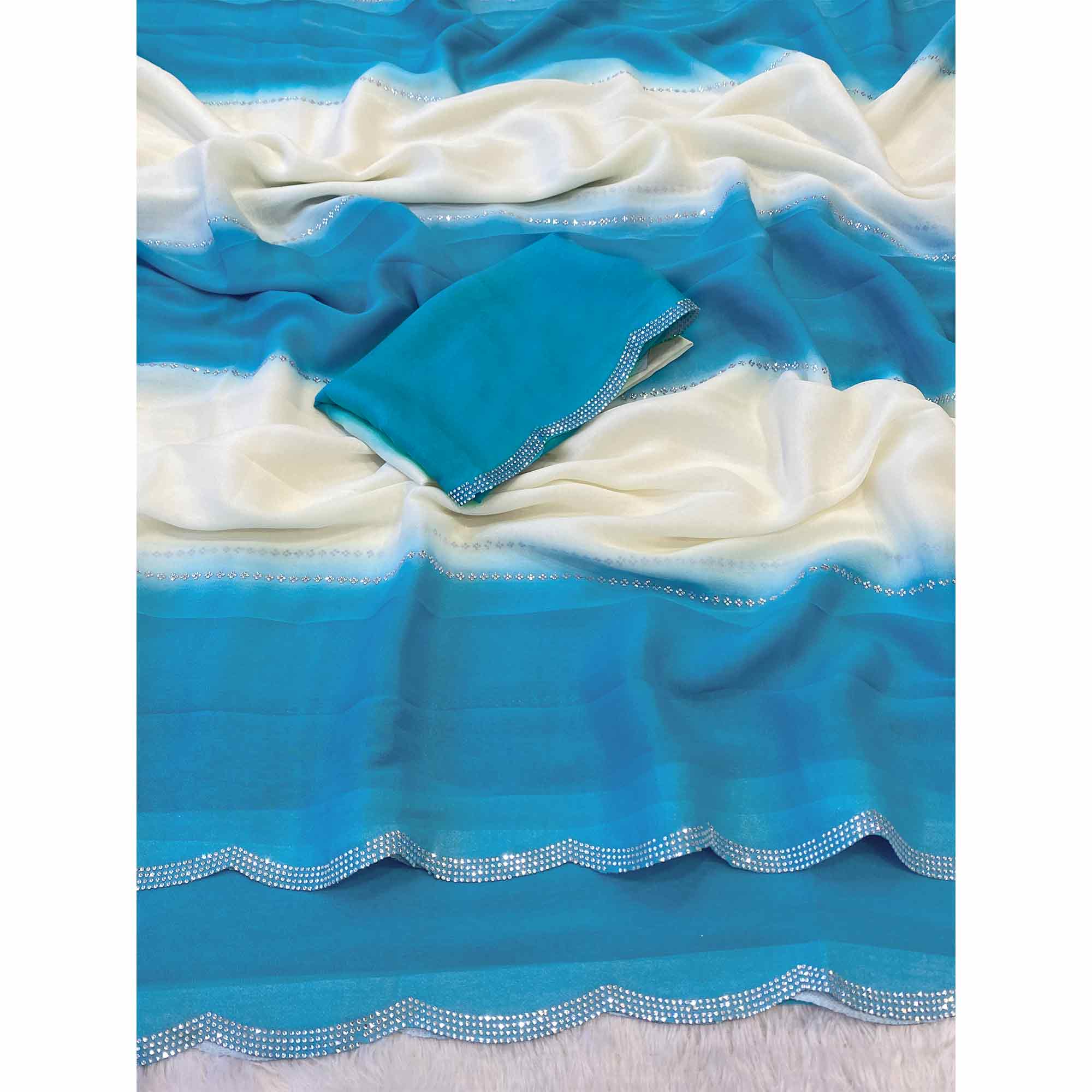 Blue Gradient Georgette Saree with Intricate Swarovski Crystal Star Motifs