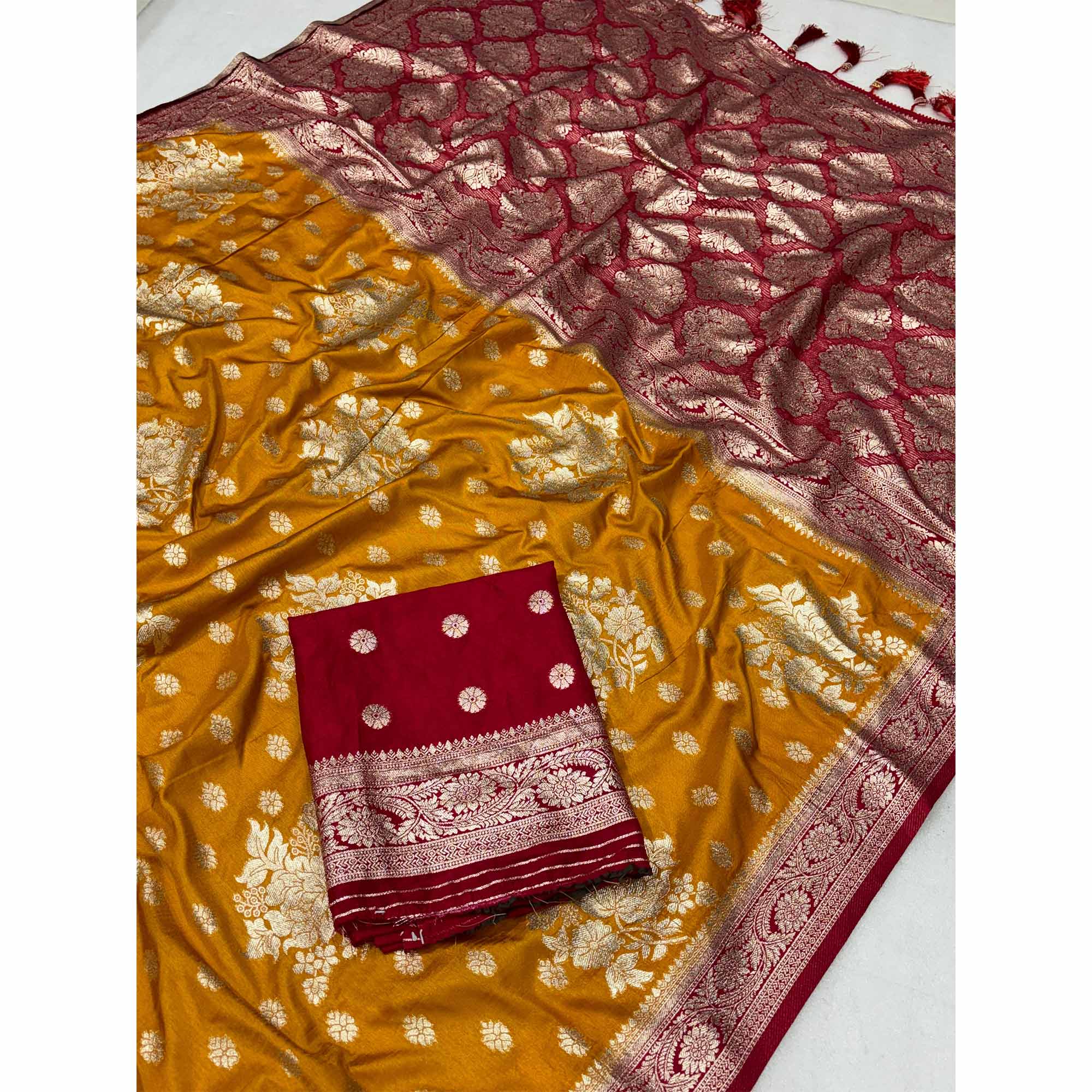 Mustard Dola Silk Woven Saree with Allover Zari Butti Design