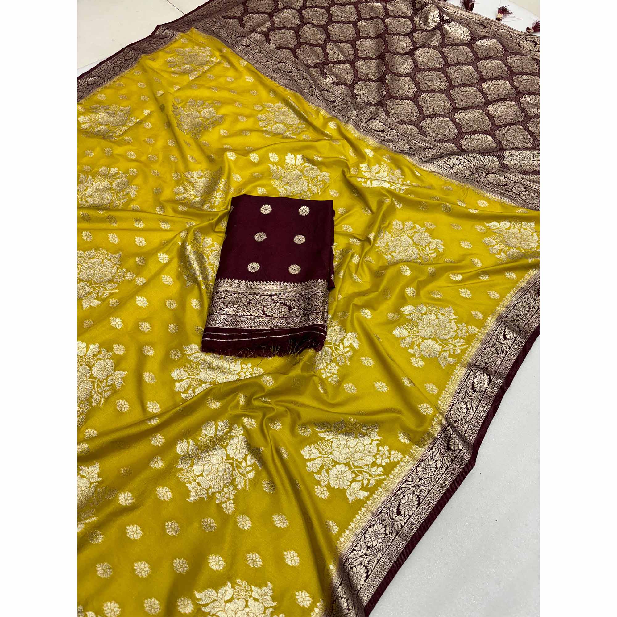 Yellow Dola Silk Woven Saree with Allover Zari Butti Design