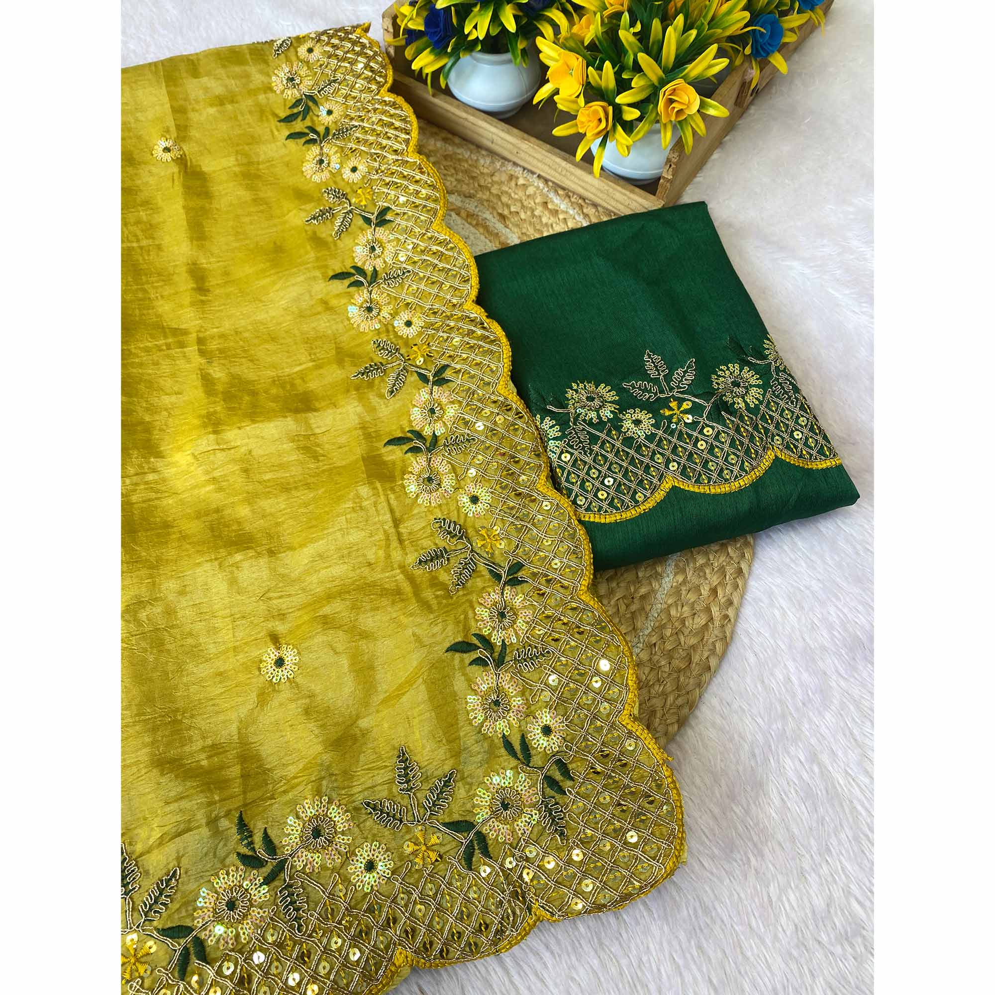 Yellow Saree in Tissue Fabric with Feminine Floral Embroidery