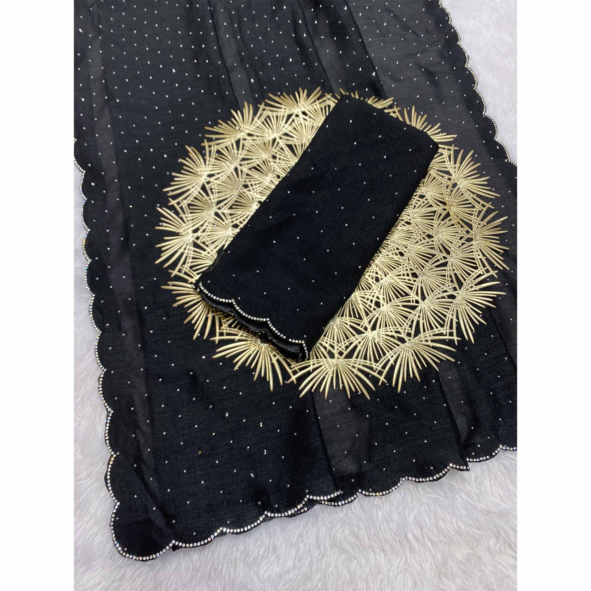 Black Vichitra Silk Saree Accented with Stone Embellishments