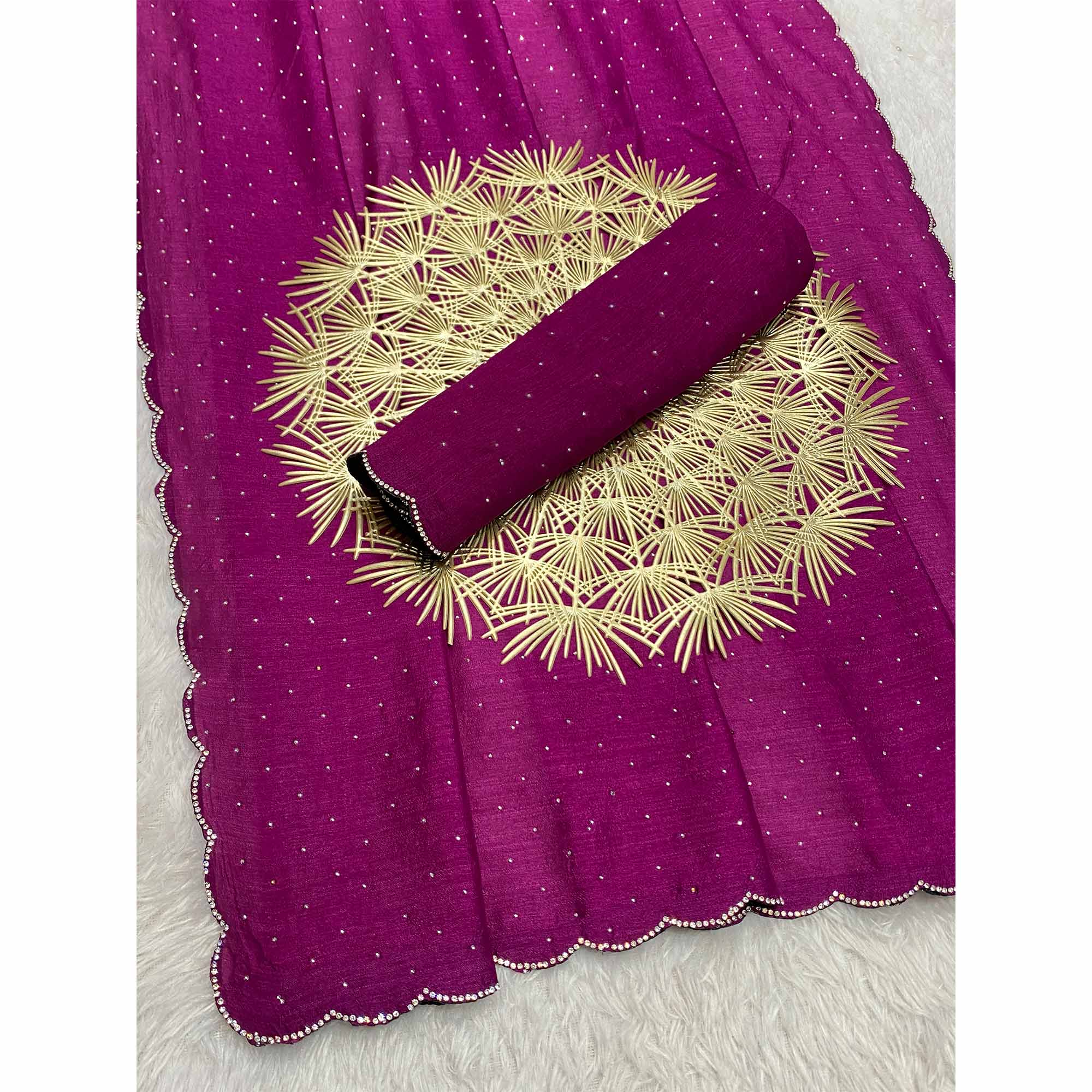 Magenta Vichitra Silk Saree Accented with Stone Embellishments
