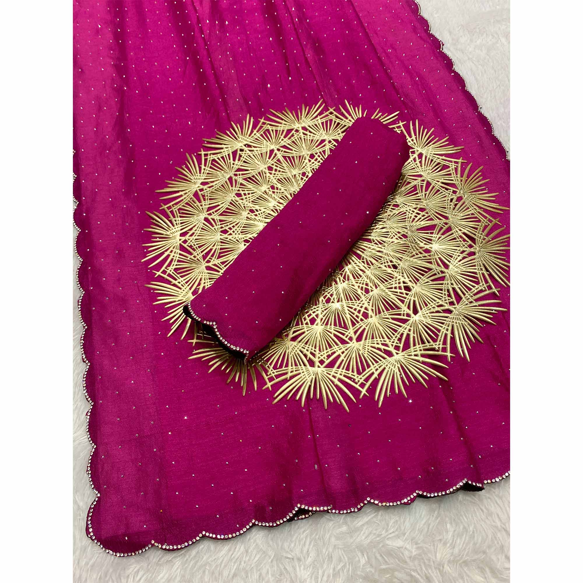 Pink Vichitra Silk Saree Accented with Stone Embellishments