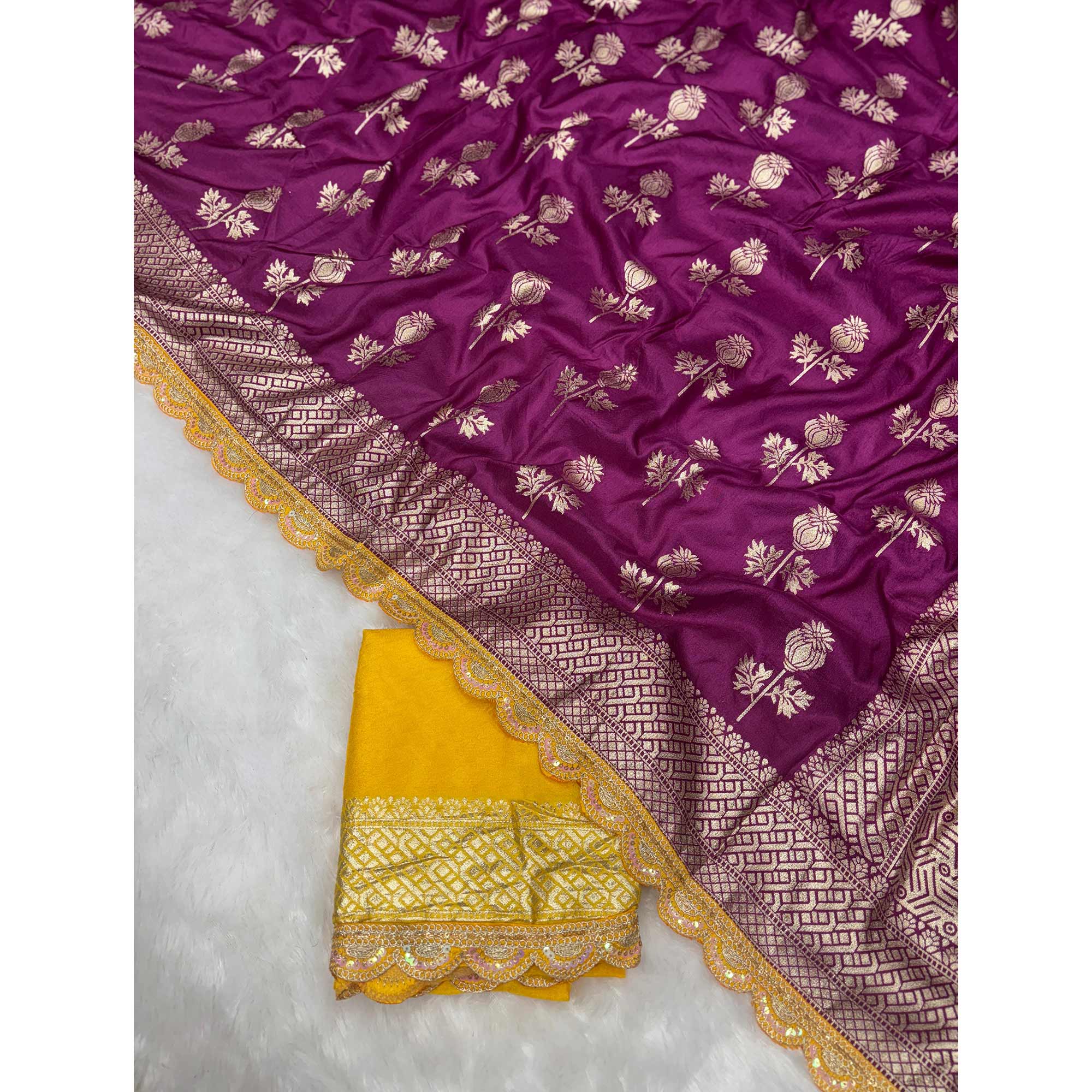 Regal Dola Silk Saree in Deep Purple Featuring Floral Weaves