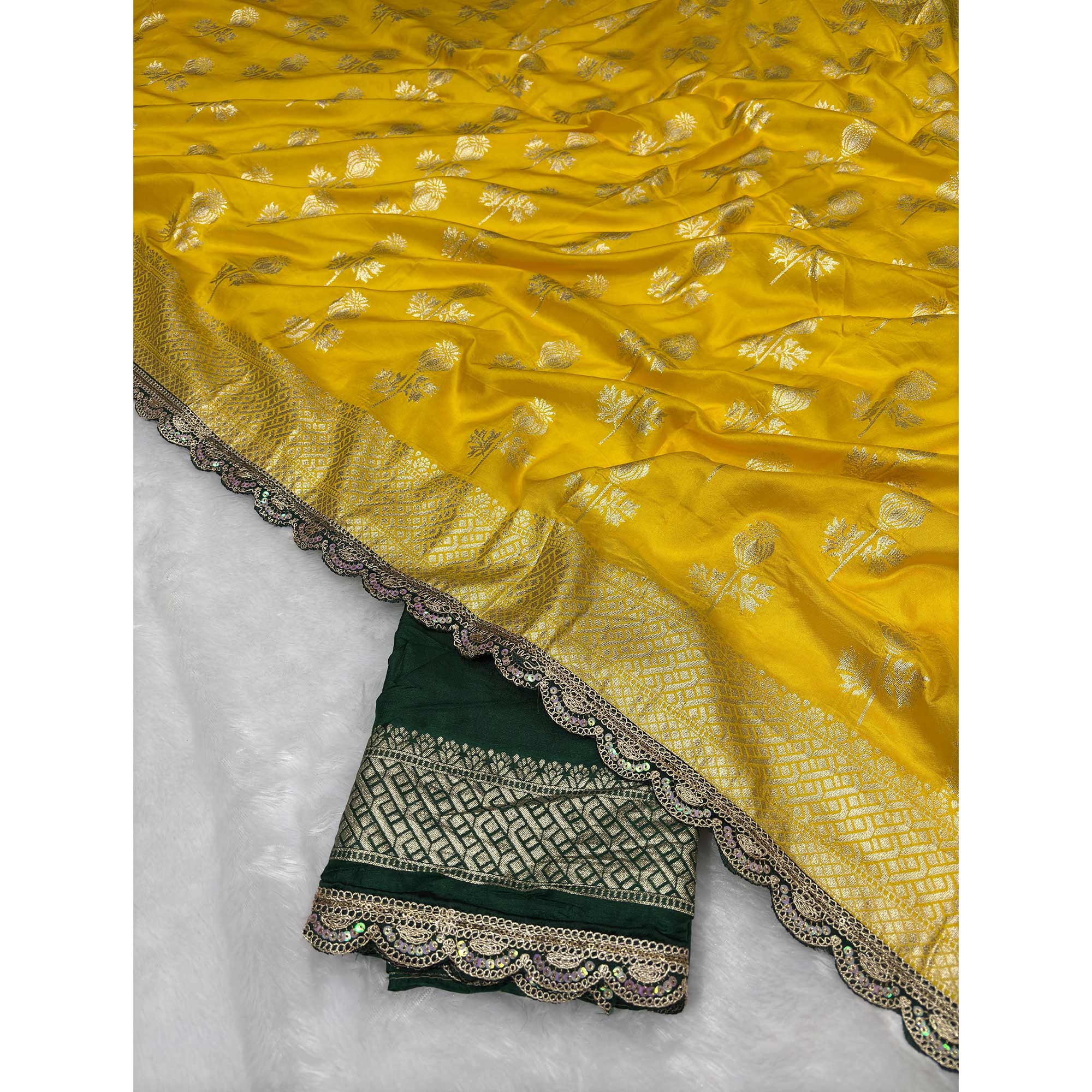 Regal Dola Silk Saree in Mustard Featuring Floral Weaves