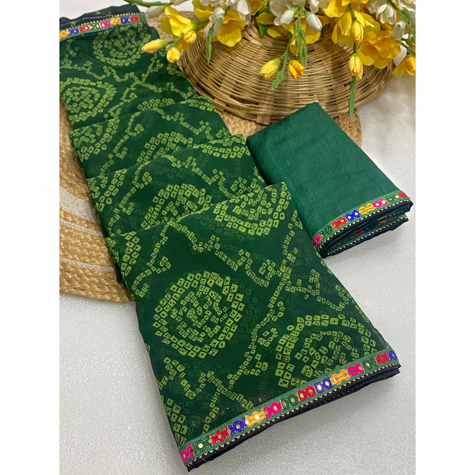 Green Bandhej Printed Georgette Saree with Flowy Drape