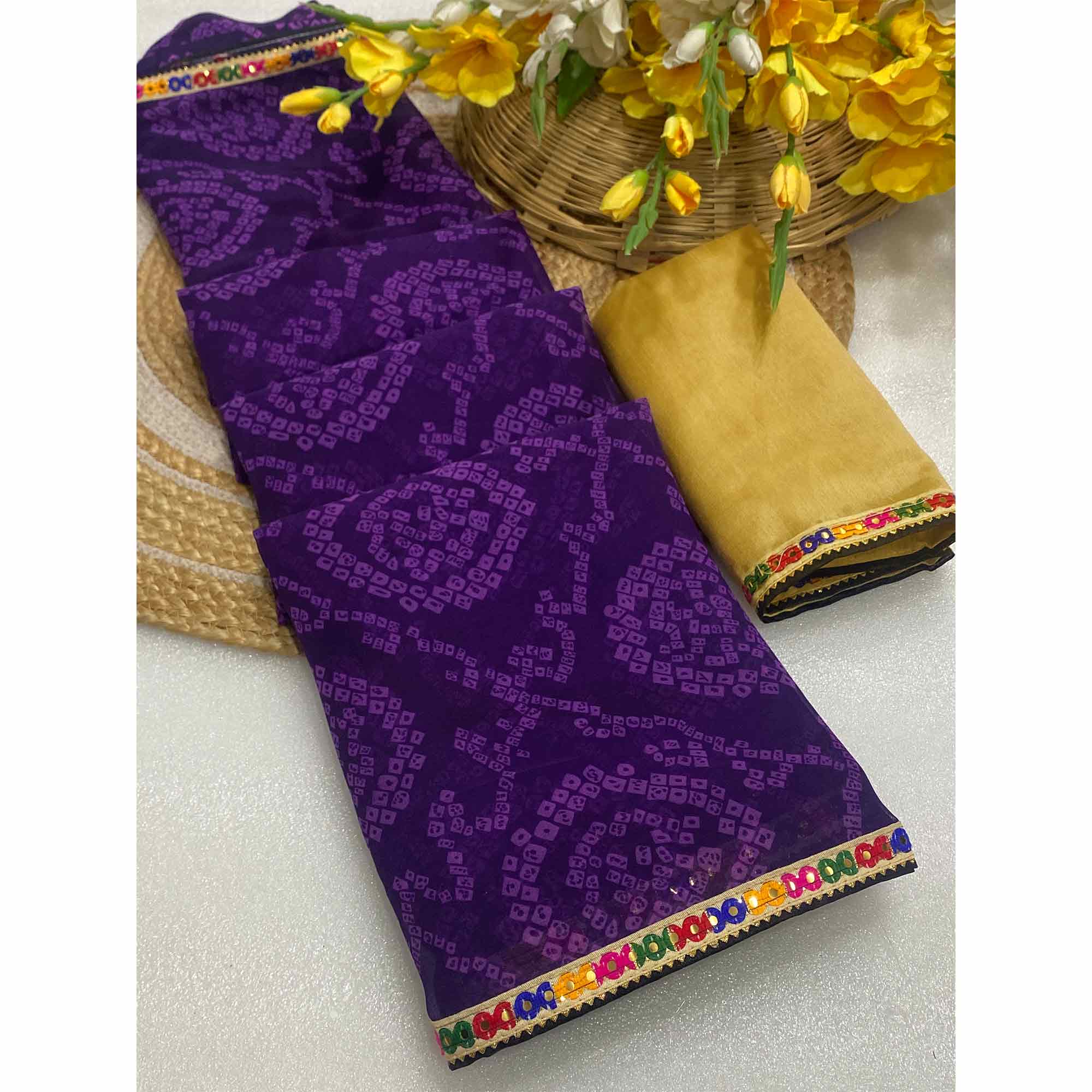 Purple Bandhej Printed Georgette Saree with Flowy Drape