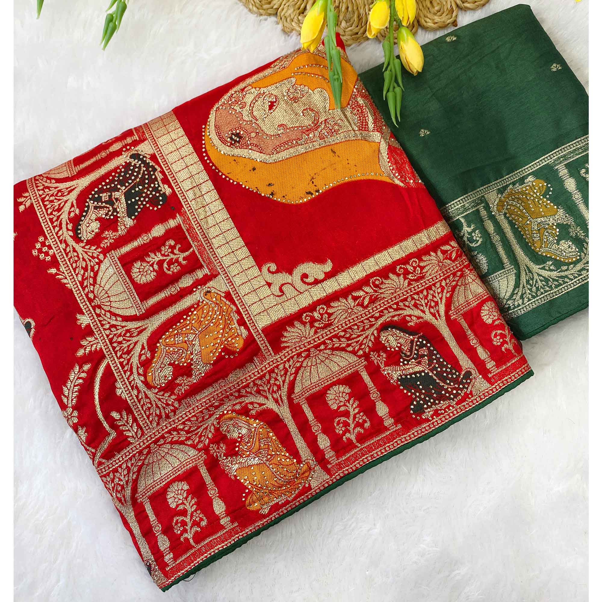 Elegant Red Dola Silk Saree with Intricate Zari Weaving for Festive Occasions