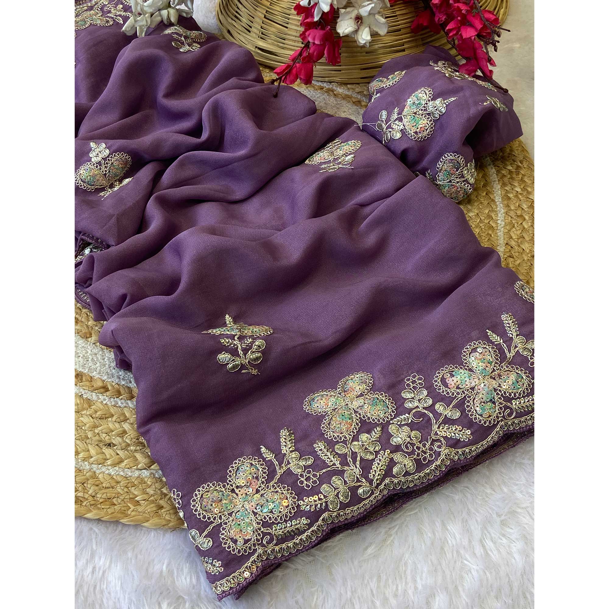 Heavy Thread Embroidered Lavender Georgette Saree for Party Wears