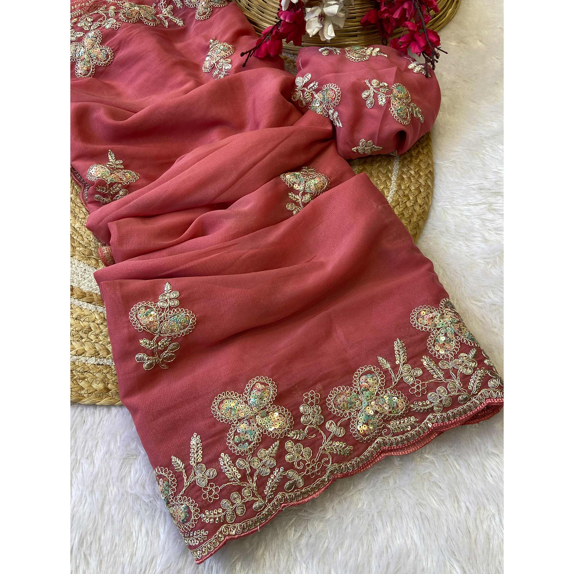 Heavy Thread Embroidered Pink Georgette Saree for Party Wears
