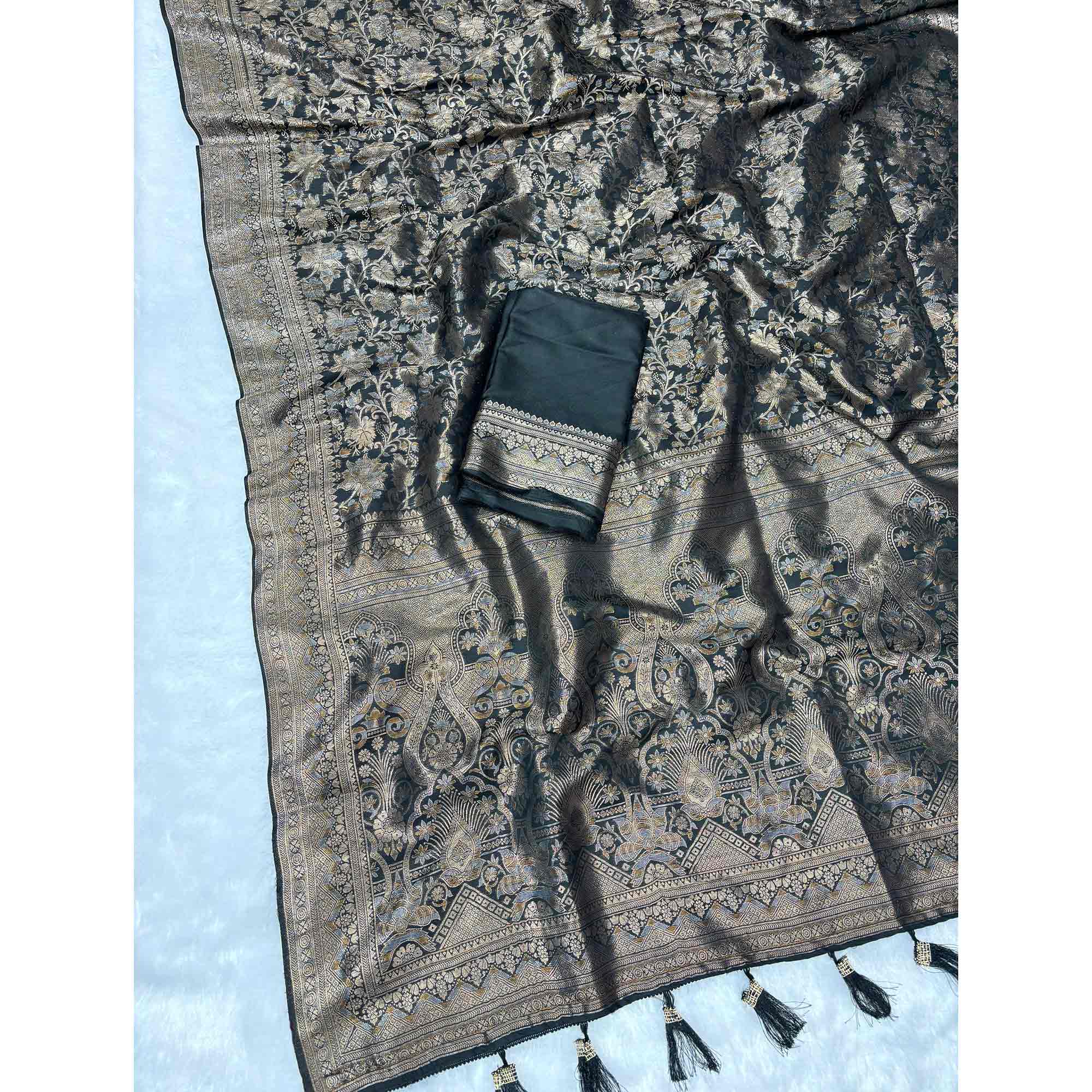 Black Floral Woven Saree in Premium Pure Silk