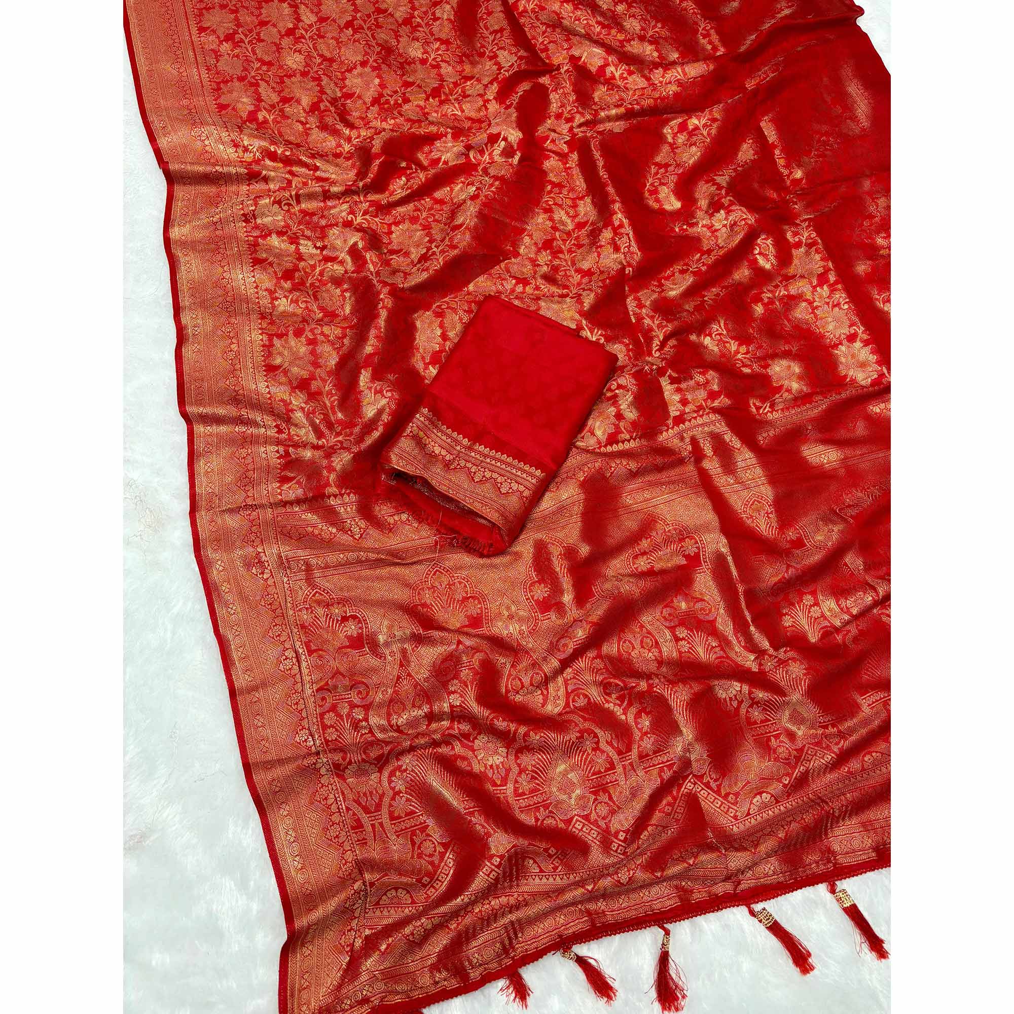 Red Floral Woven Saree in Premium Pure Silk