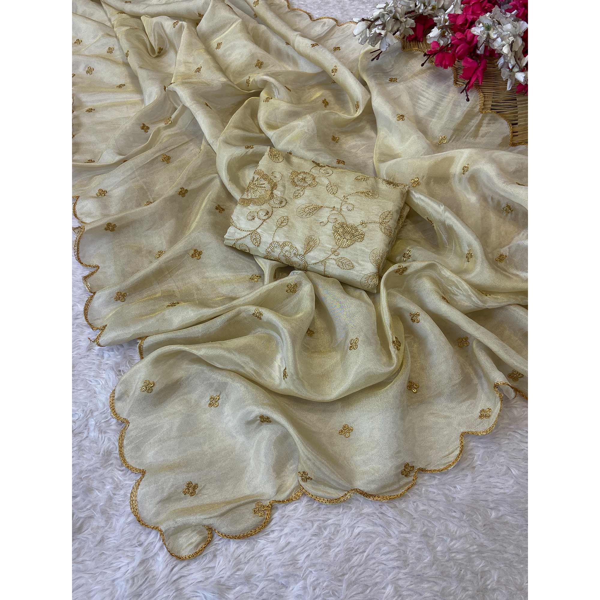 Lightweight Tissue Saree in Cream with Elegant Thread Embroidery