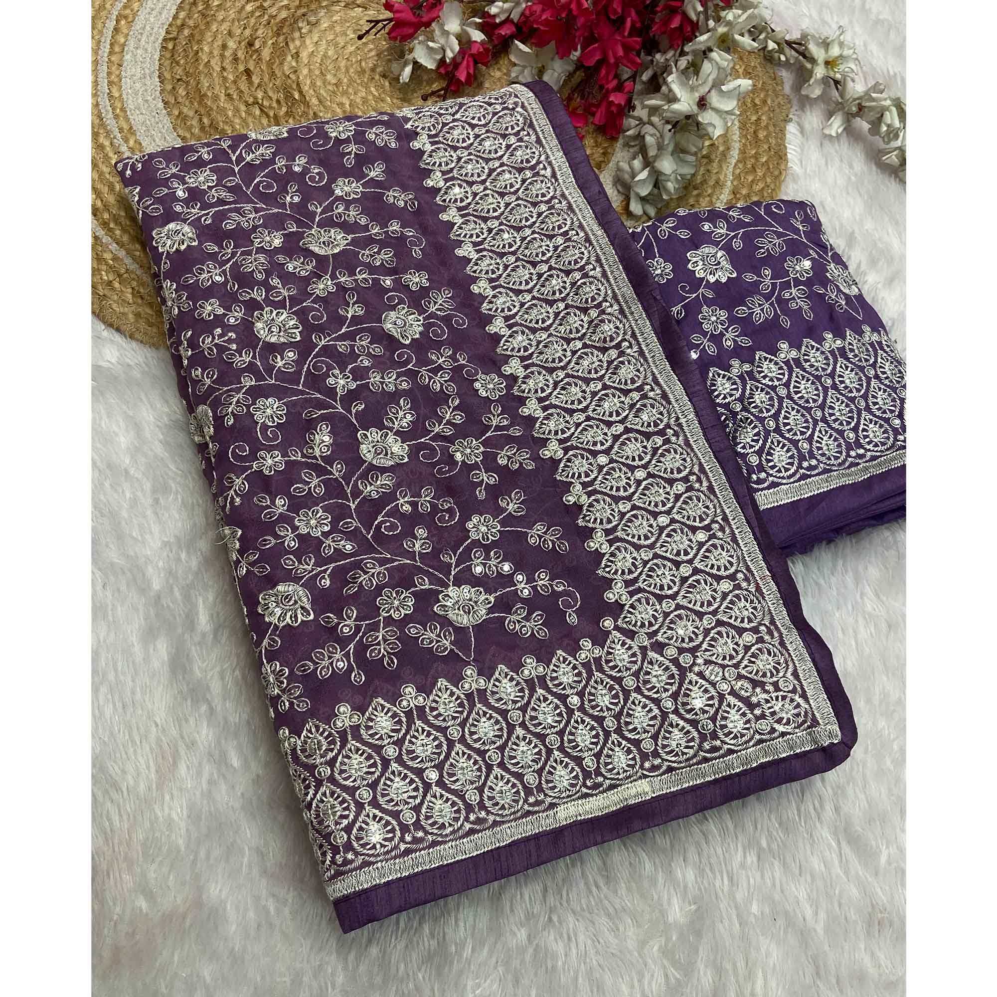Lavender Georgette Saree With Sparkling Sequins & Delicate Floral Embroidery