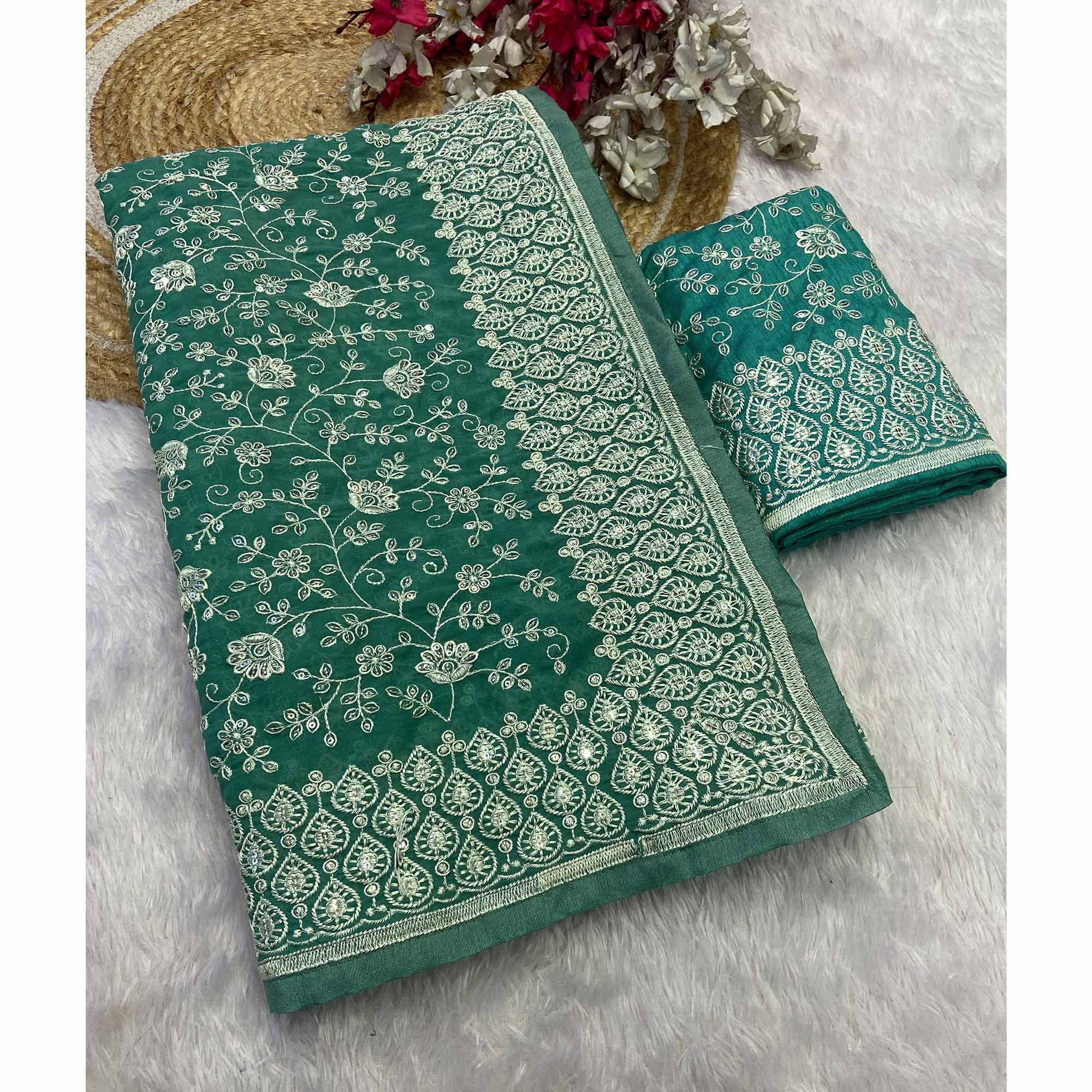 Rama Green Georgette Saree With Sparkling Sequins & Delicate Floral Embroidery