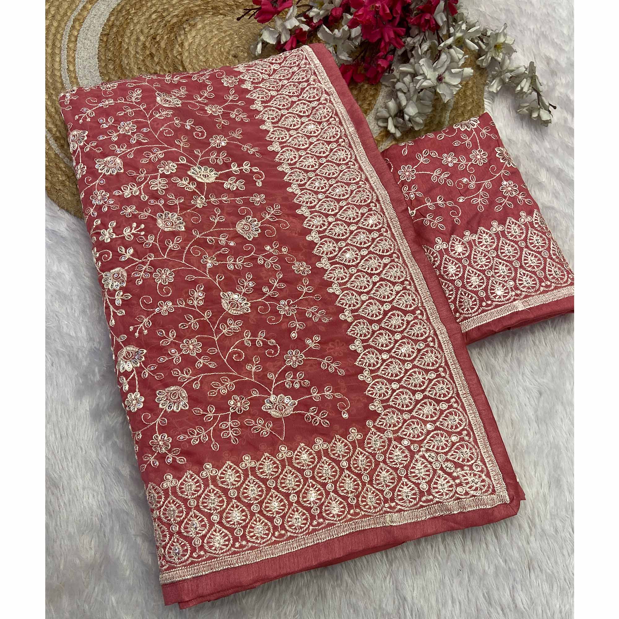 Rusty Red Georgette Saree With Sparkling Sequins & Delicate Floral Embroidery