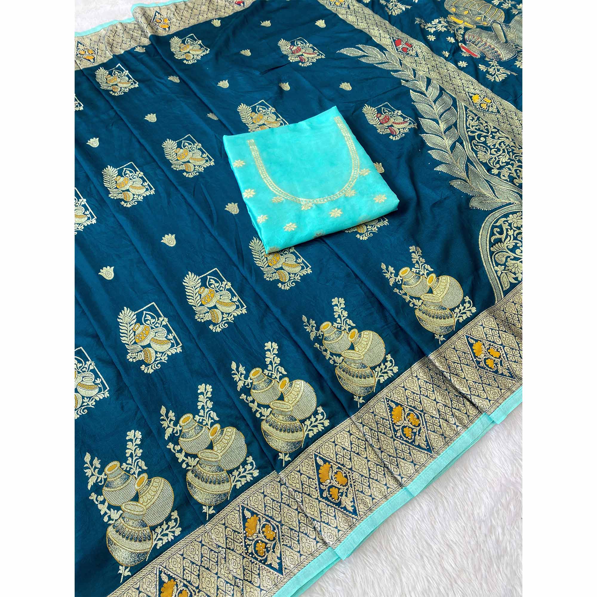 Blue Dola Silk Saree With Intricate Floral Zari Weaving Elegance