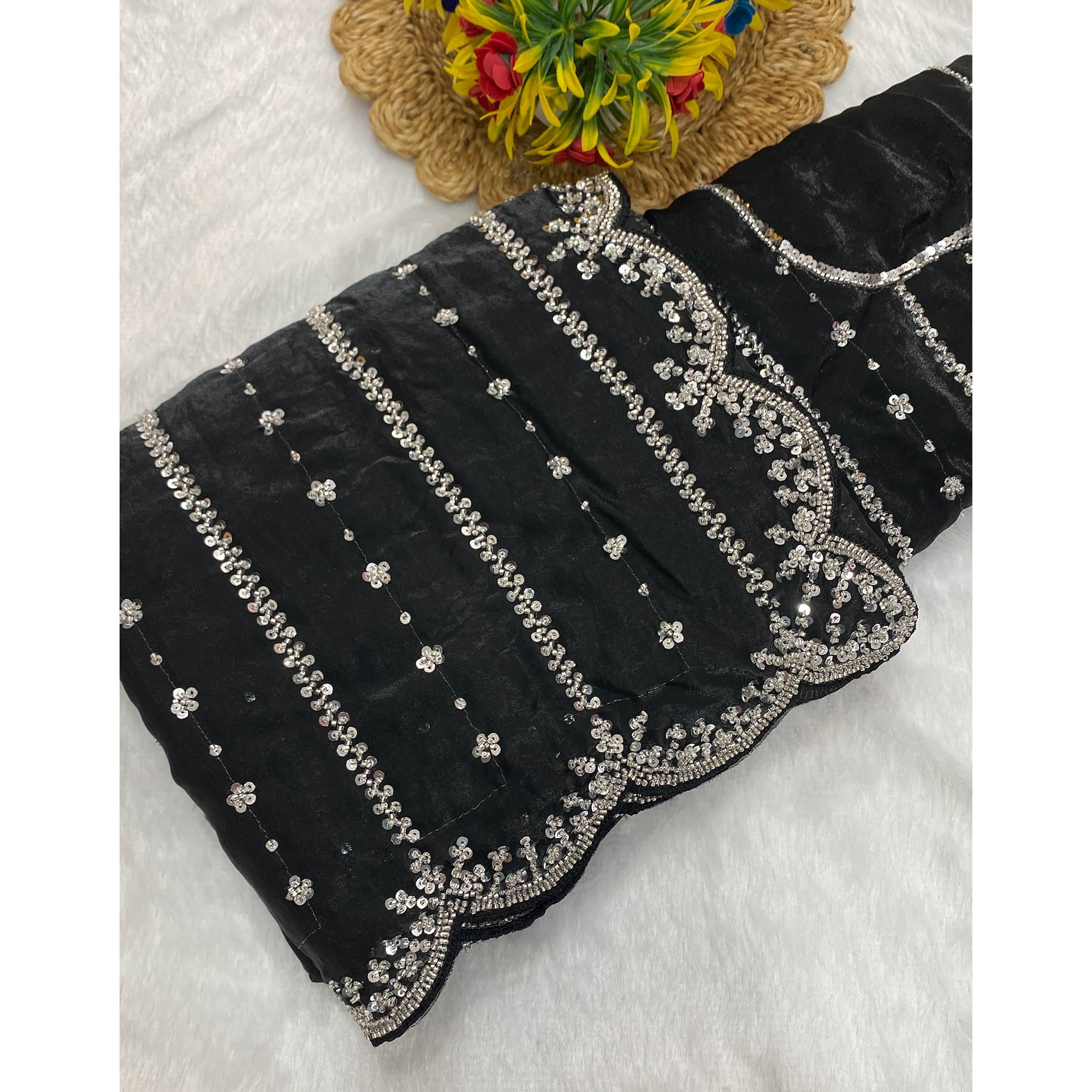 Black Designer Satin Partywear Saree Enhanced with Sparkling Sequins Work