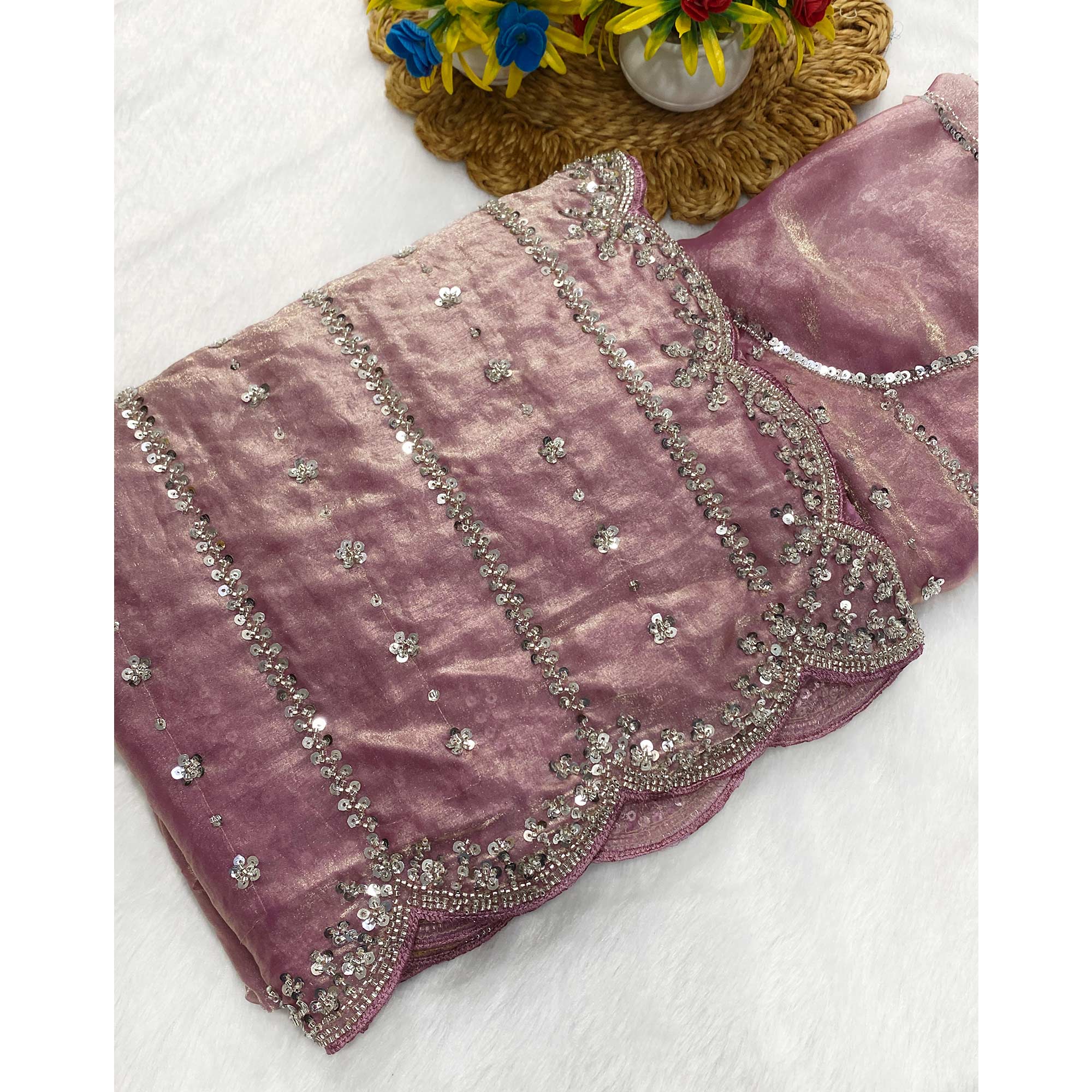 Dusty Pink Designer Satin Partywear Saree Enhanced with Sparkling Sequins Work