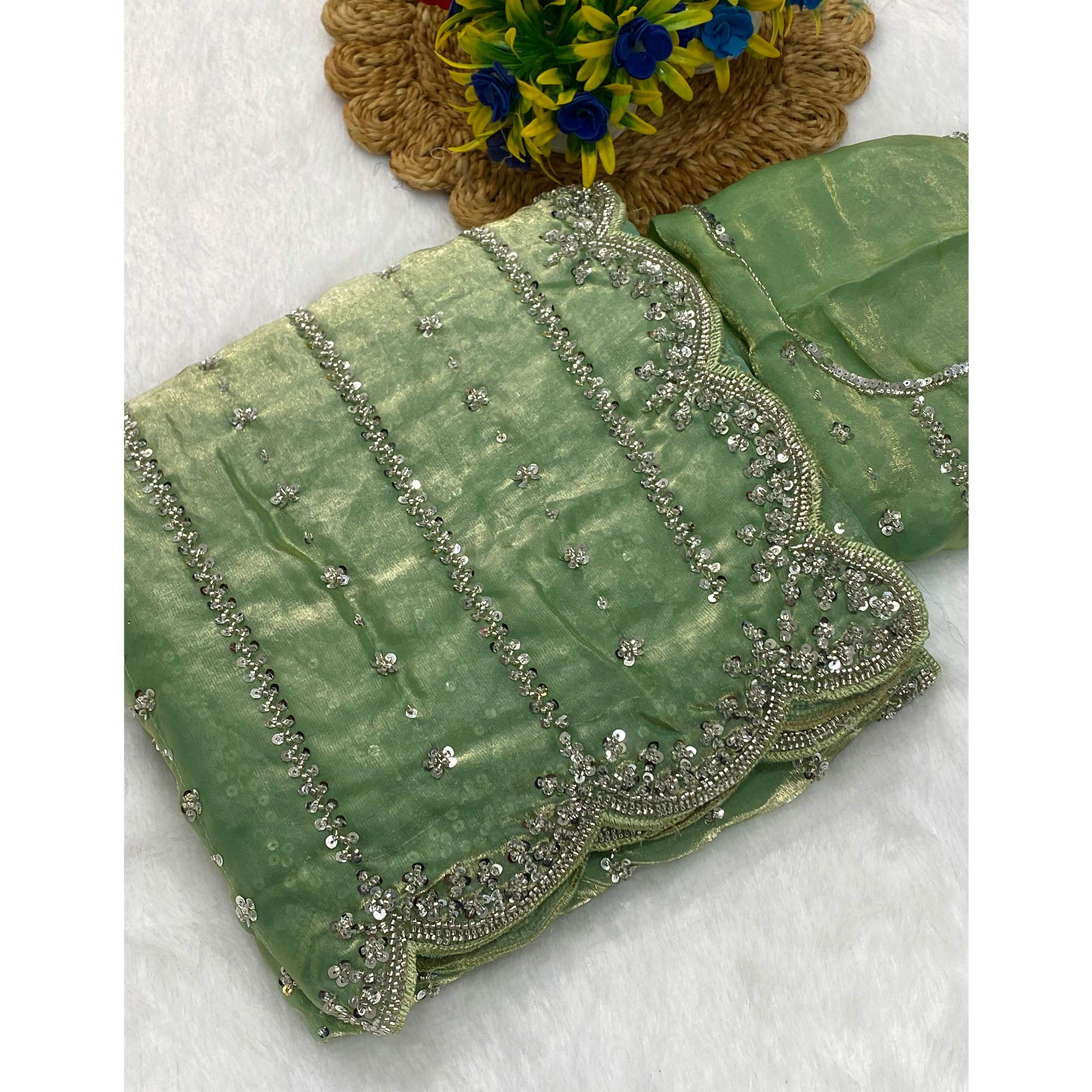 Green Designer Satin Partywear Saree Enhanced with Sparkling Sequins Work