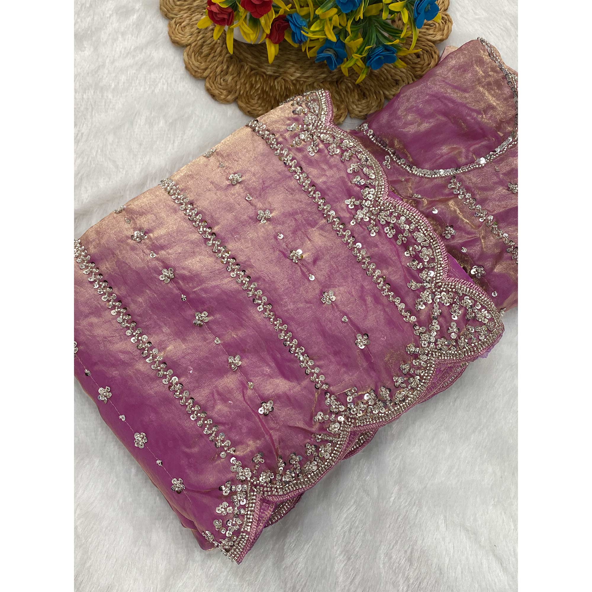 Mauve Designer Satin Partywear Saree Enhanced with Sparkling Sequins Work
