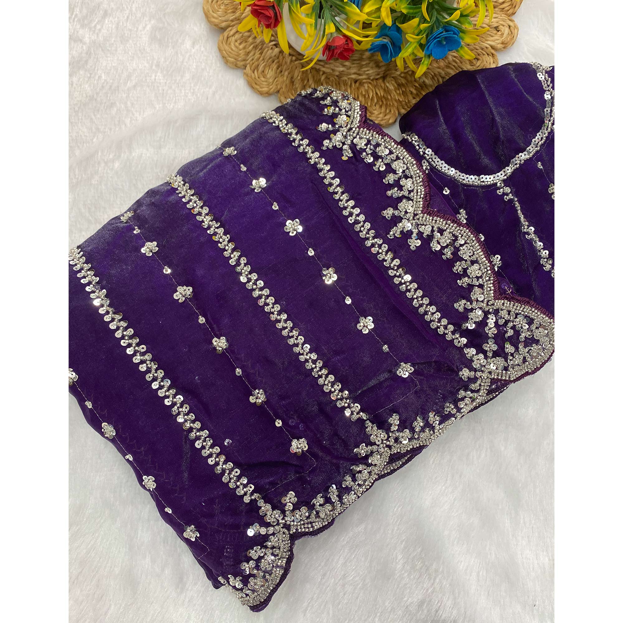 Purple Designer Satin Partywear Saree Enhanced with Sparkling Sequins Work